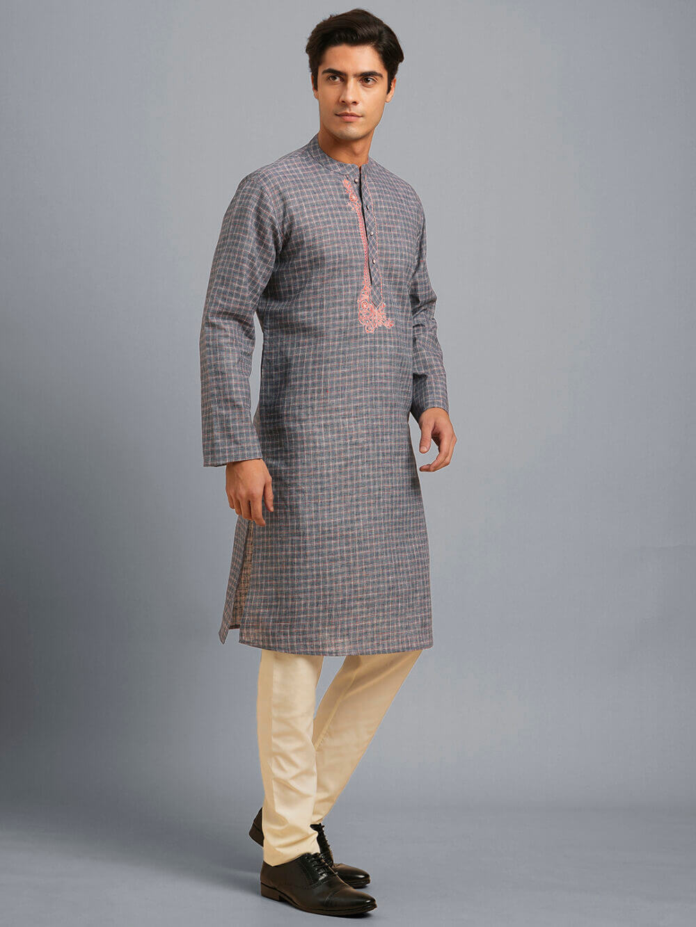 Grey color poly cotton pink embroidery men long kurta - Image 2