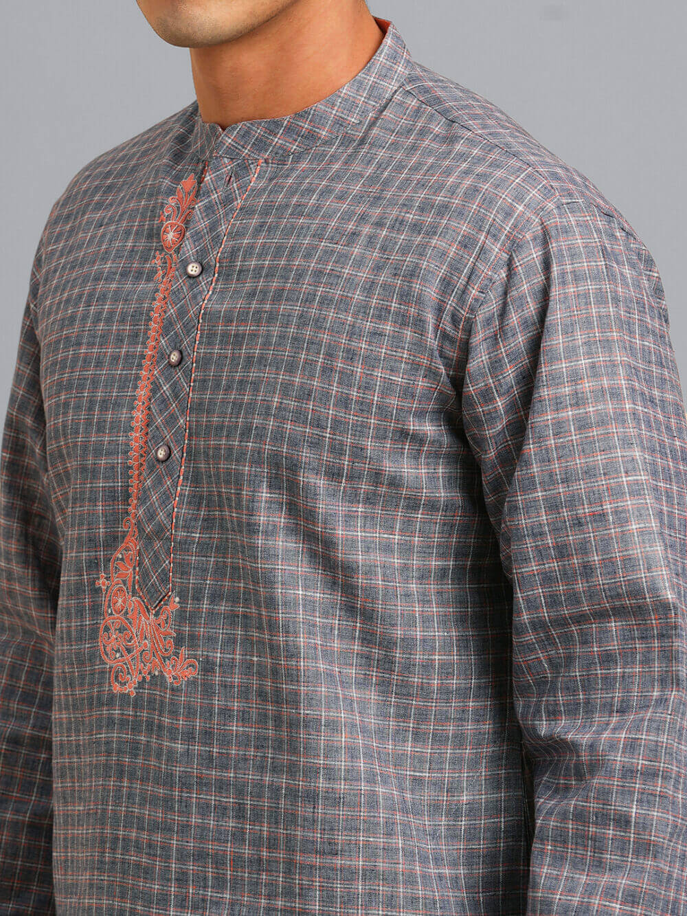 Grey color poly cotton pink embroidery men long kurta - Image 5