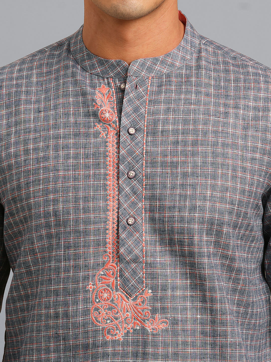 Grey color poly cotton white checks embroidery men short kurta - Image 4