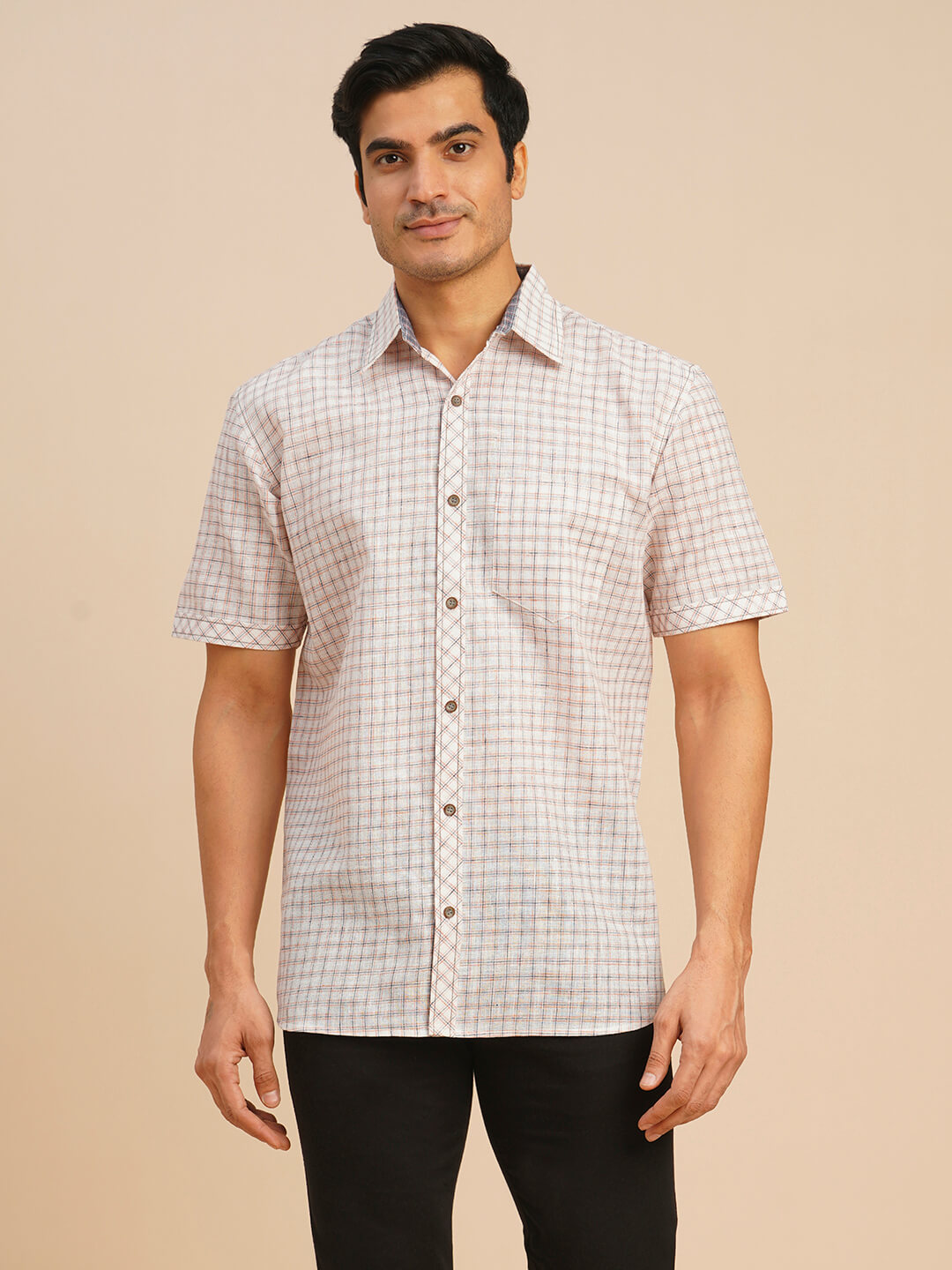 Off white orange broken checks cotton men half sleeve shirt
