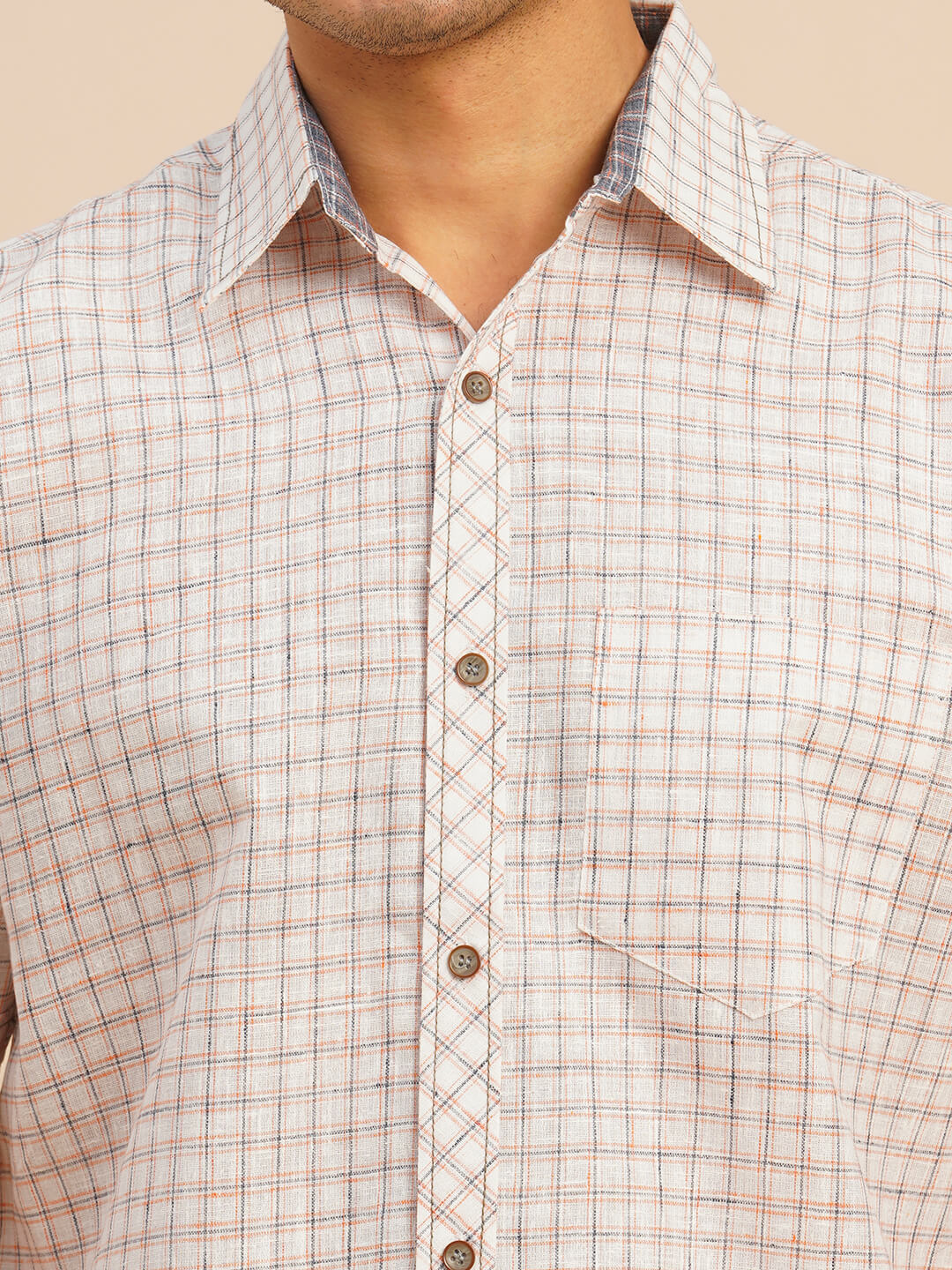 Off white orange broken checks cotton men half sleeve shirt - Image 5