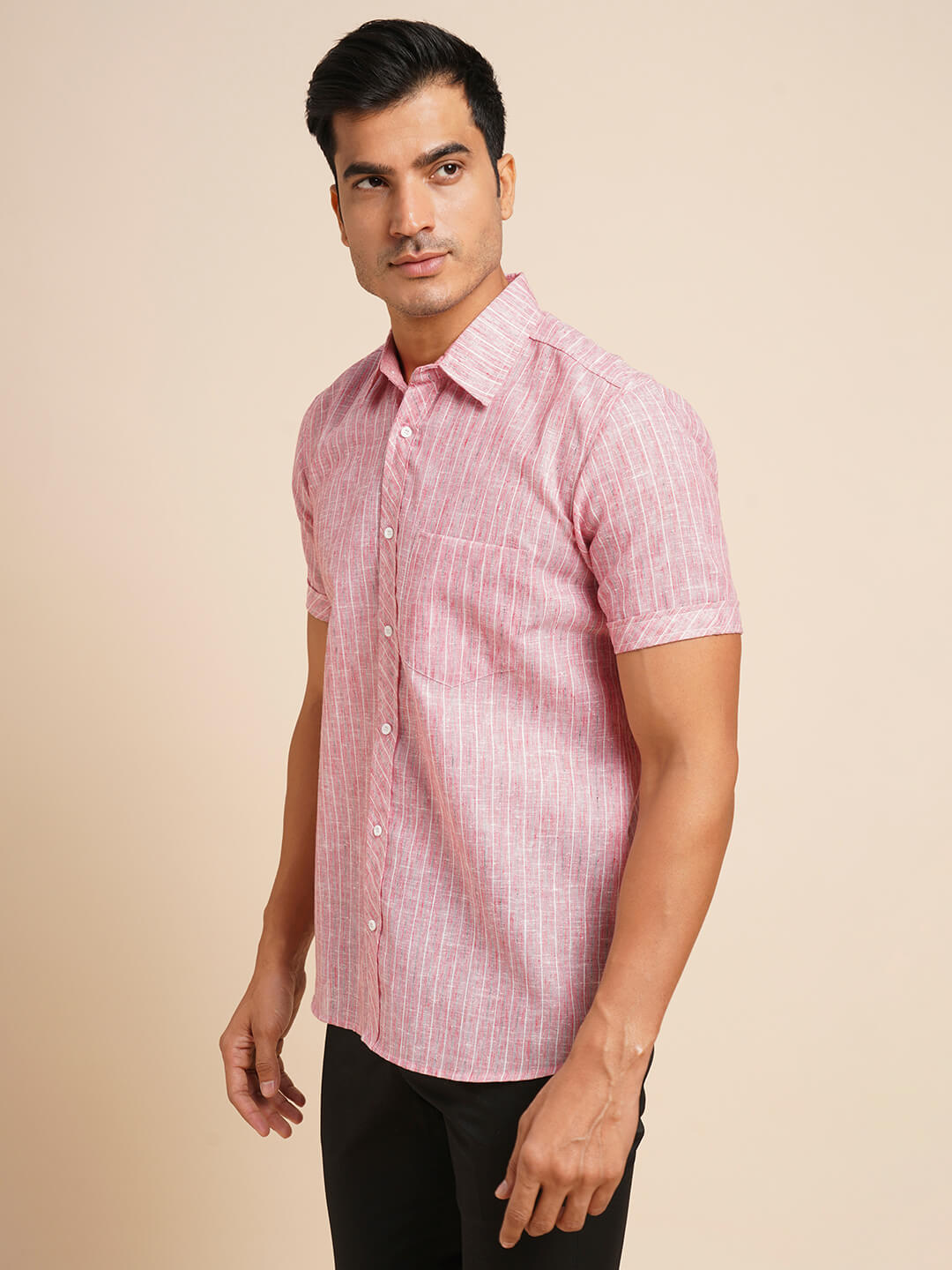 Red & white stripes cotton men half sleeve short shirt - Image 2