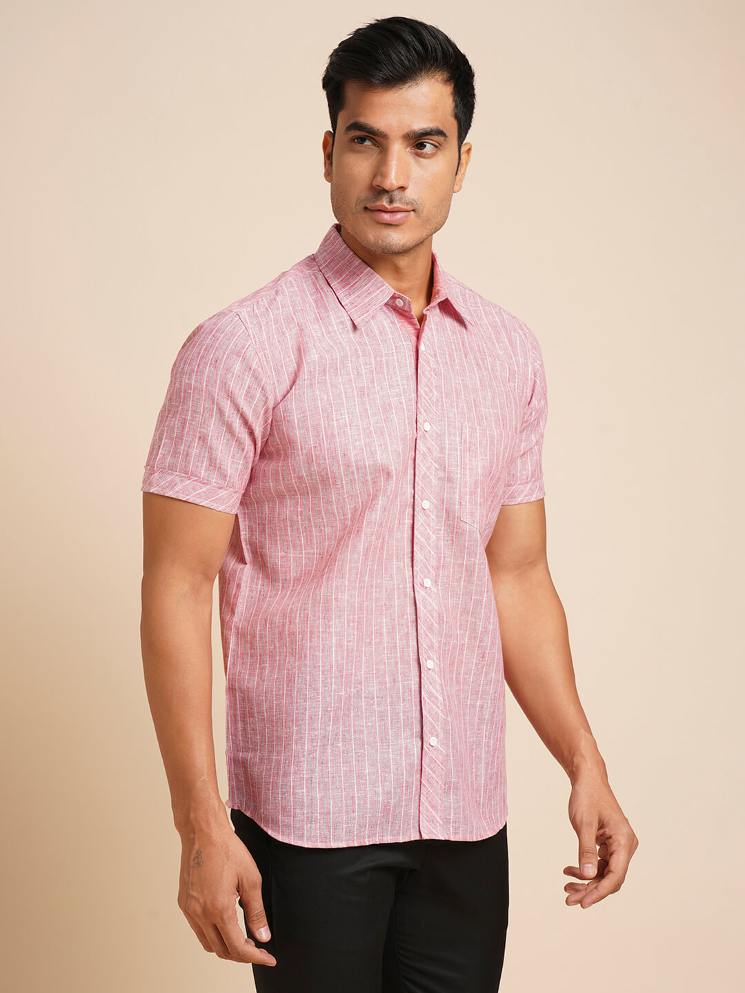 Red & white stripes cotton men half sleeve short shirt - Image 3