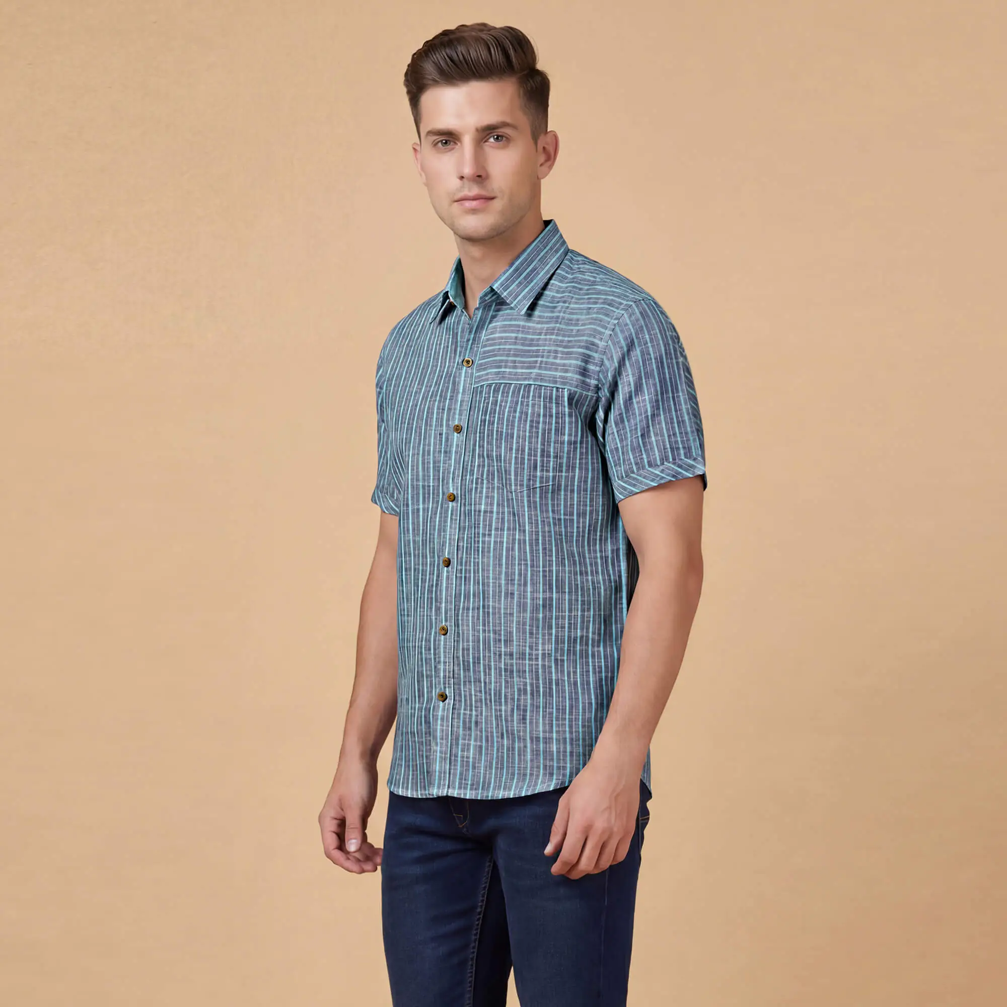 Grey with sky blue stripes cotton blended men short shirt