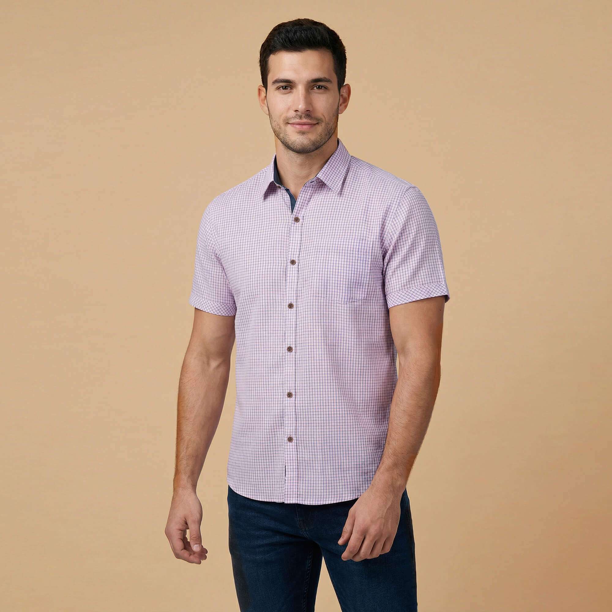 Pink with blue small checks cotton blended men short shirt