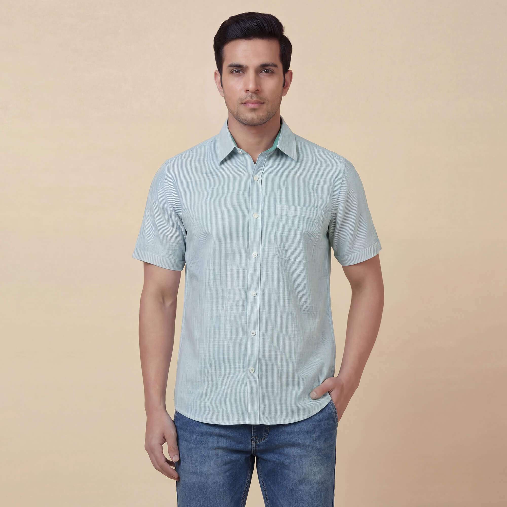 White cotton with blue pinstripes men half sleeves shirt