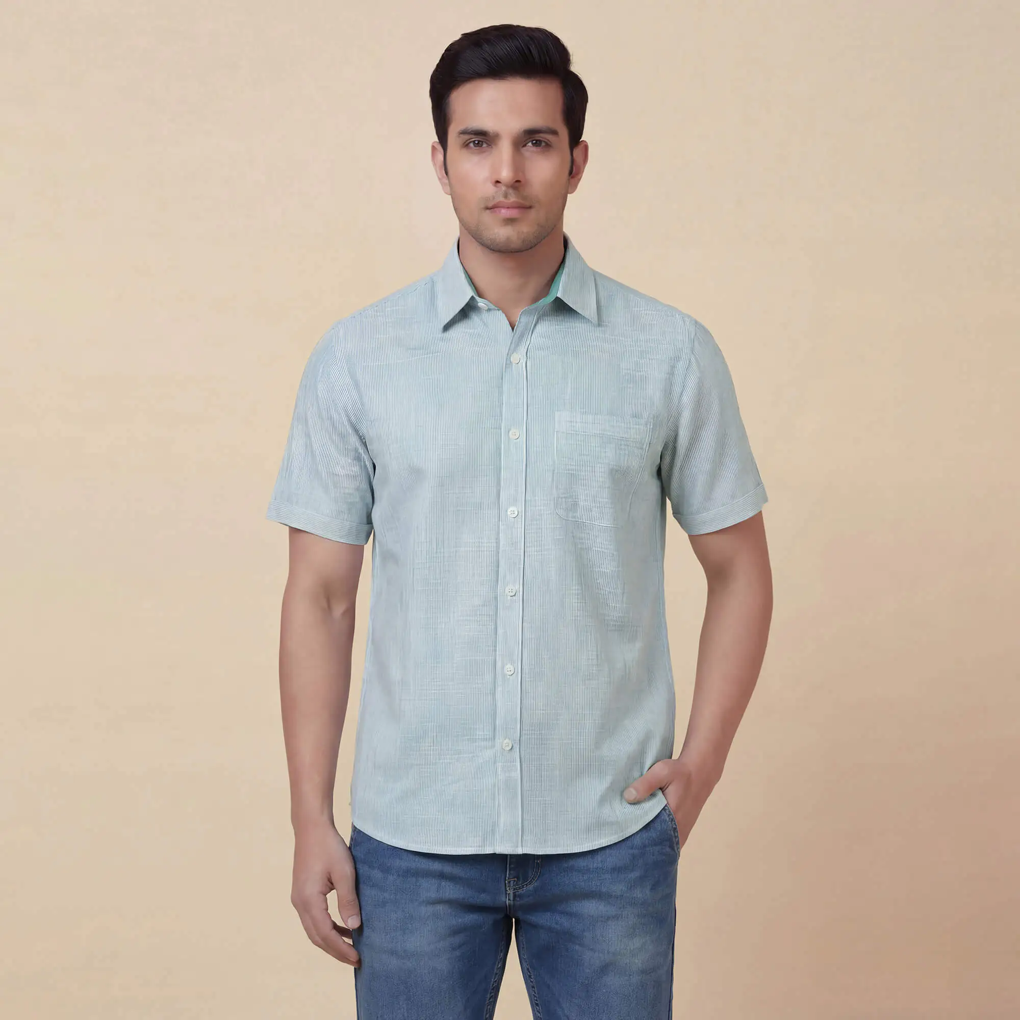 White cotton with blue pinstripes men half sleeves shirt