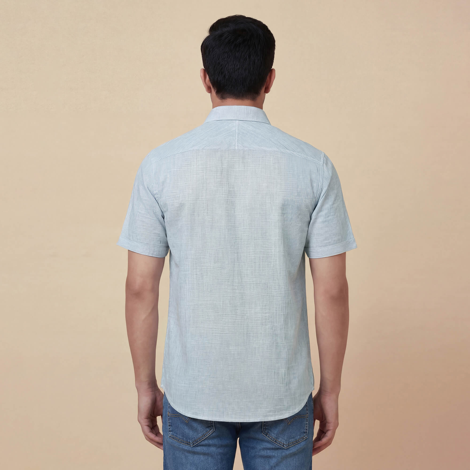 White cotton with blue pinstripes men half sleeves shirt - Image 3
