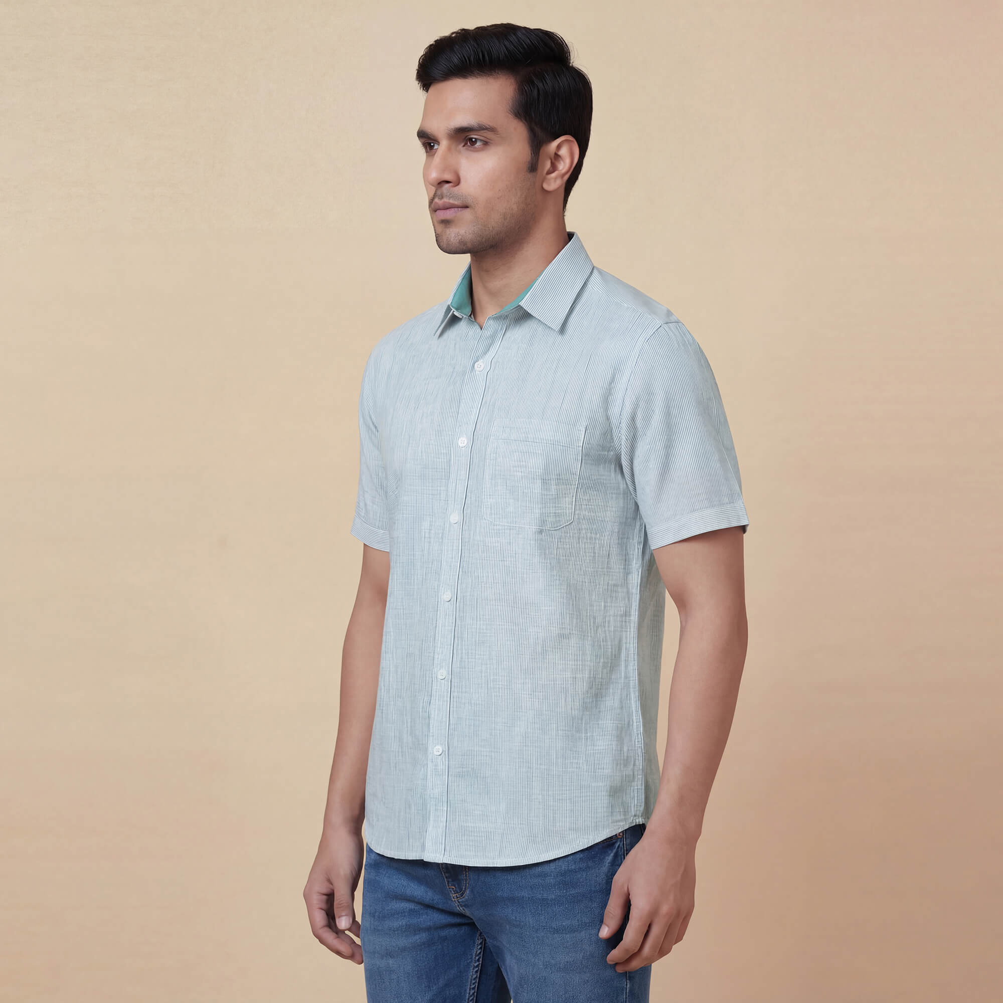 White cotton with blue pinstripes men half sleeves shirt - Image 2