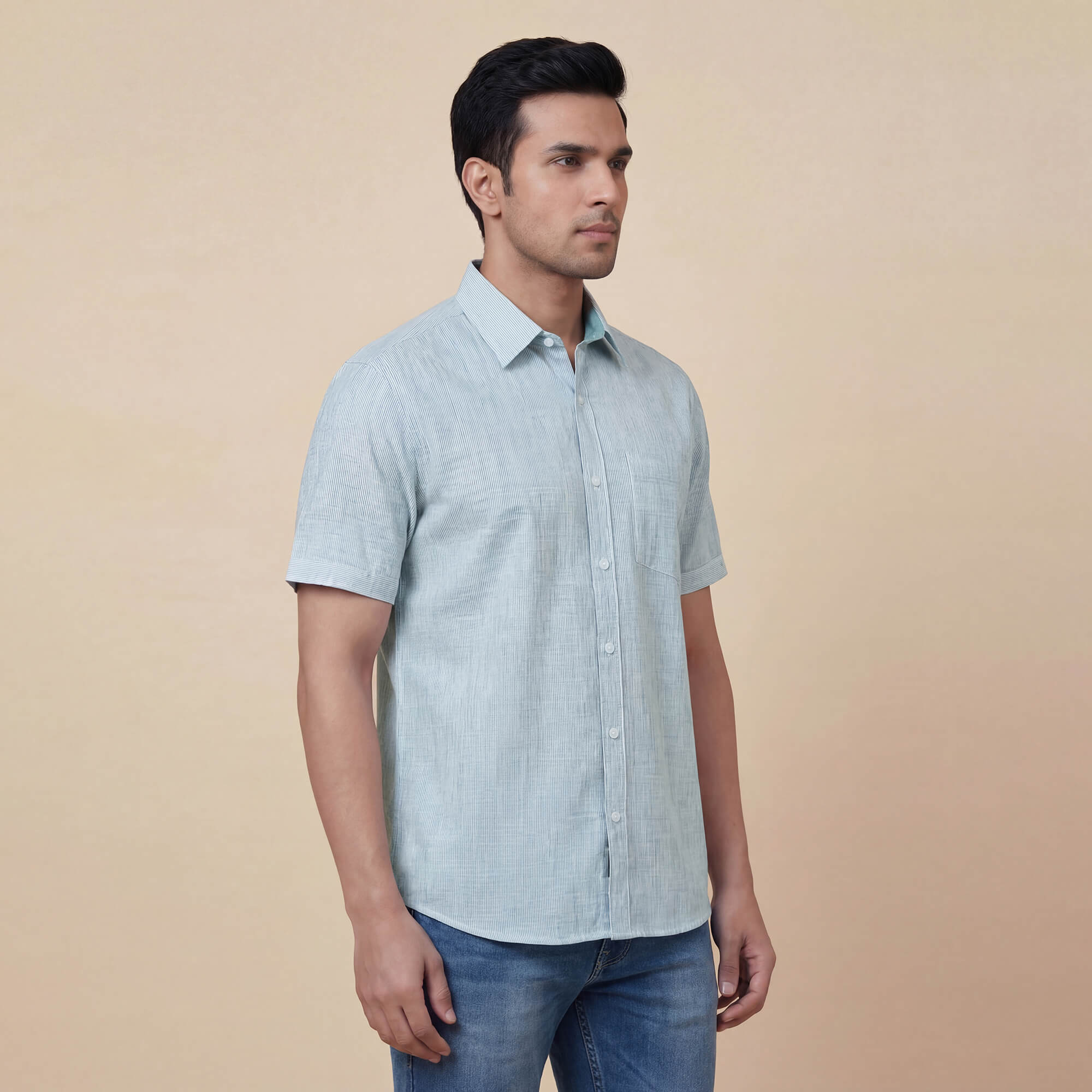 White cotton with blue pinstripes men half sleeves shirt - Image 4