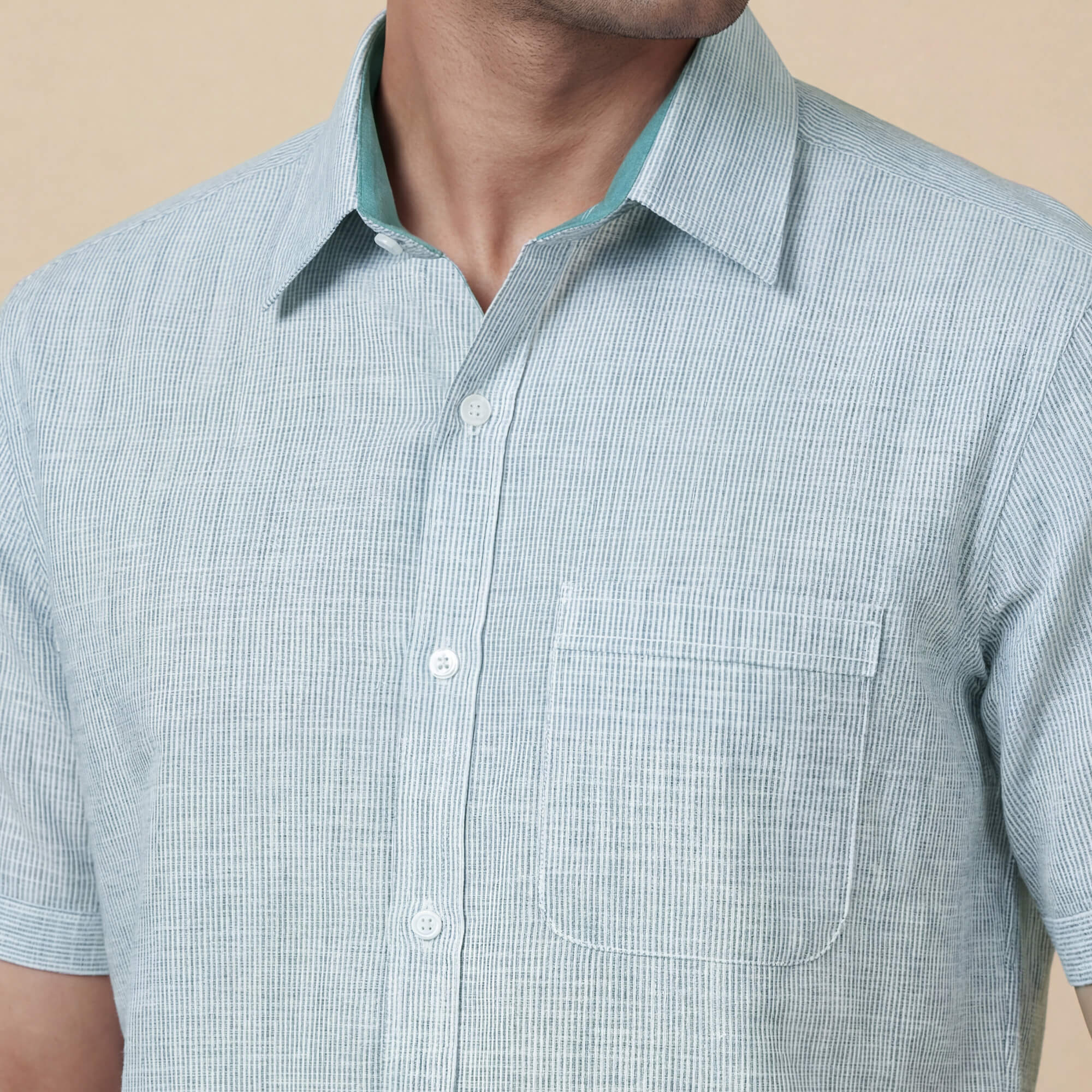 White cotton with blue pinstripes men half sleeves shirt - Image 5