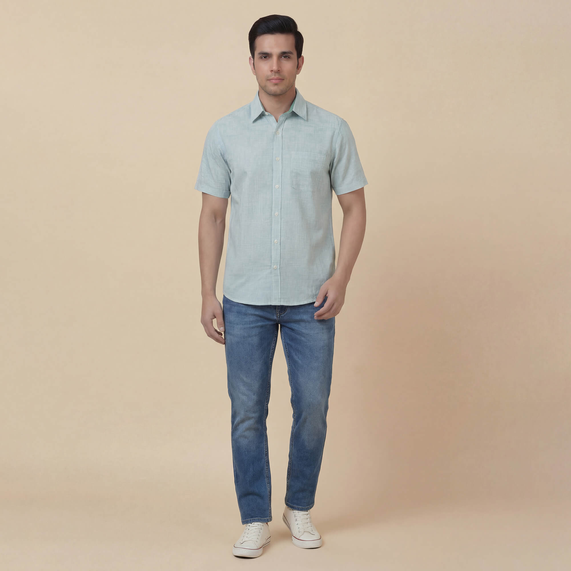 White cotton with blue pinstripes men half sleeves shirt - Image 6