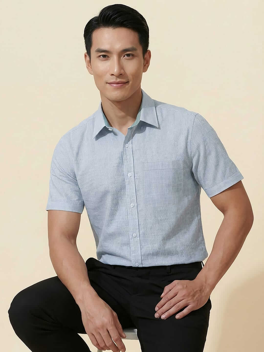 White cotton with blue pinstripes men half sleeves shirt - Image 7