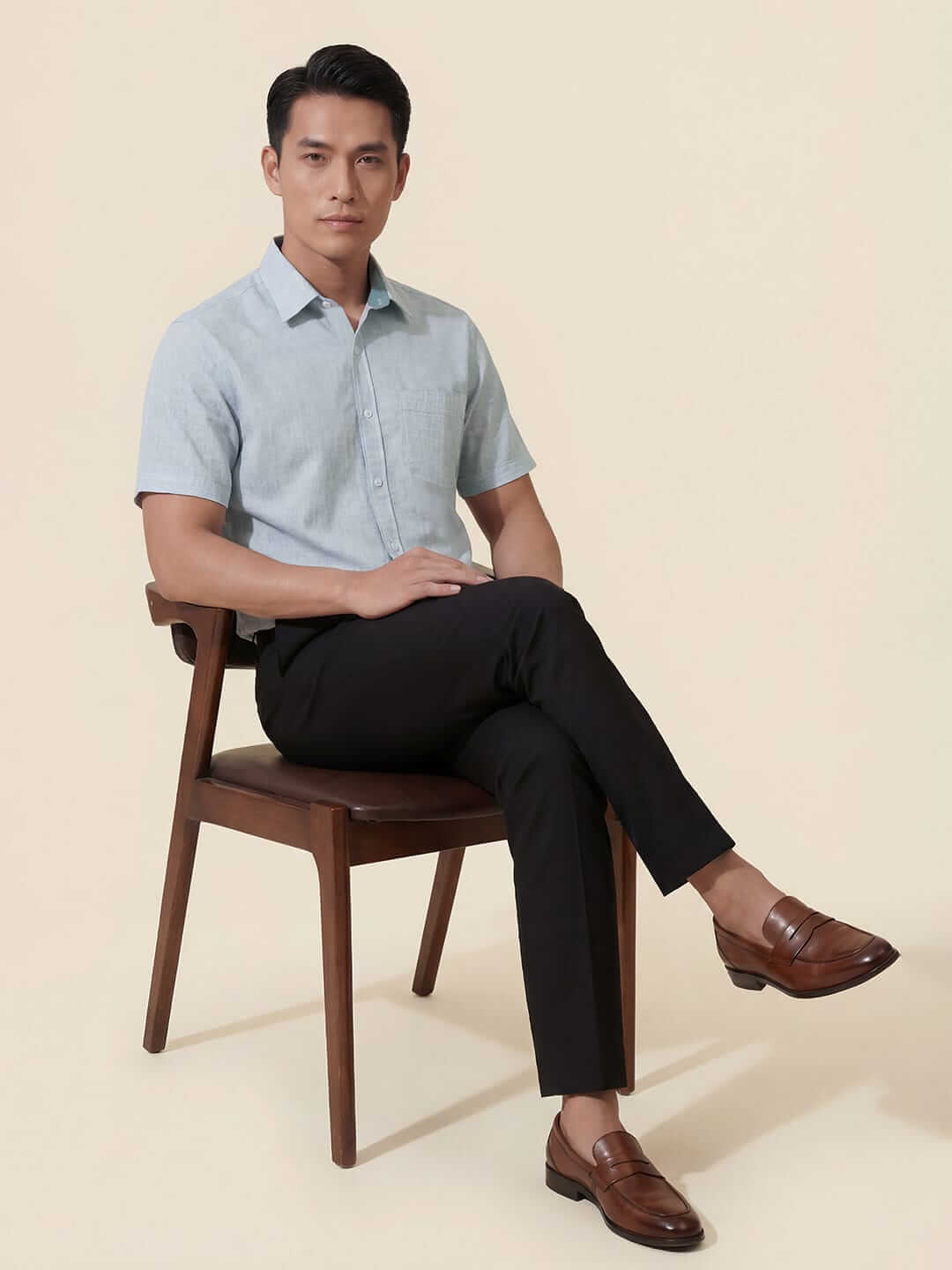 White cotton with blue pinstripes men half sleeves shirt - Image 8