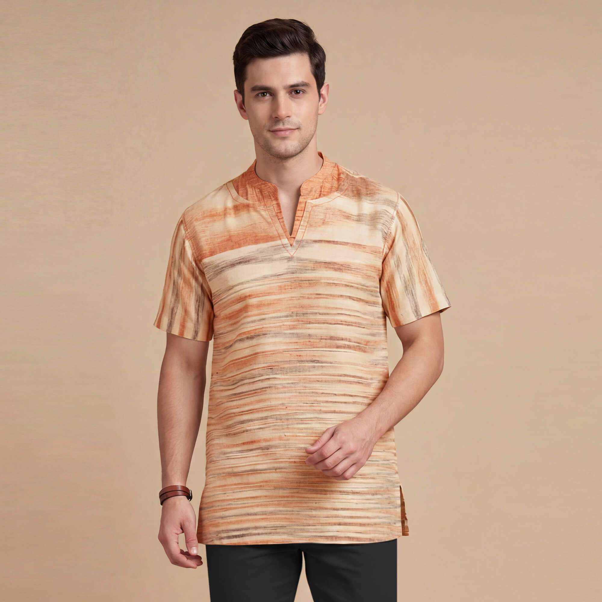 Beige & orange stripes handlooms cotton half sleeves men kurta
