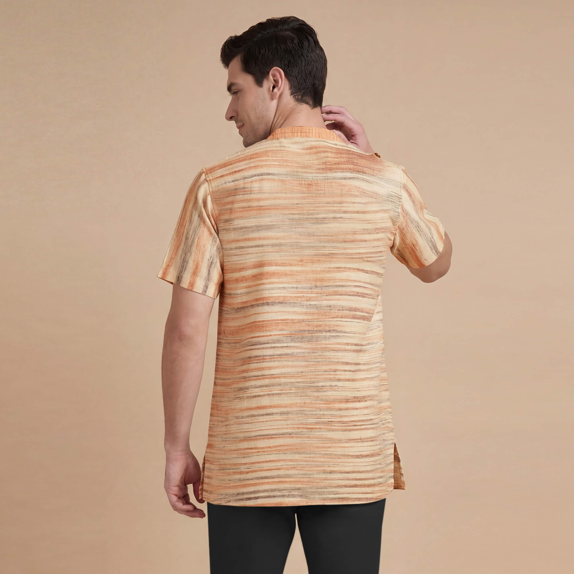 Beige & orange stripes handlooms cotton half sleeves men kurta - Image 3