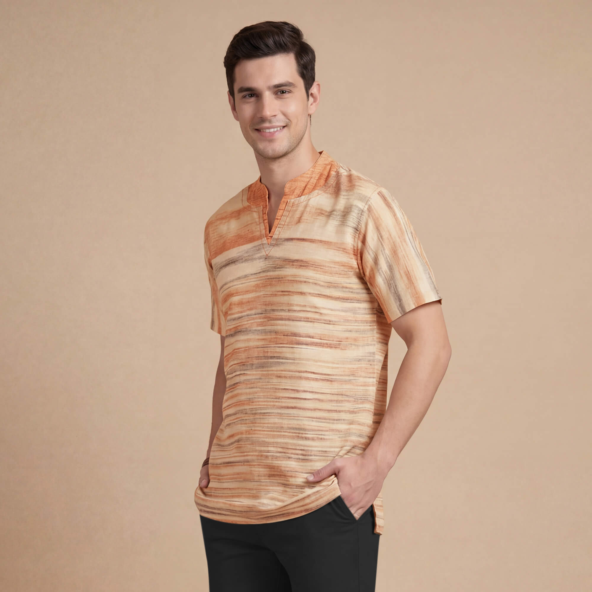 Beige & orange stripes handlooms cotton half sleeves men kurta - Image 4