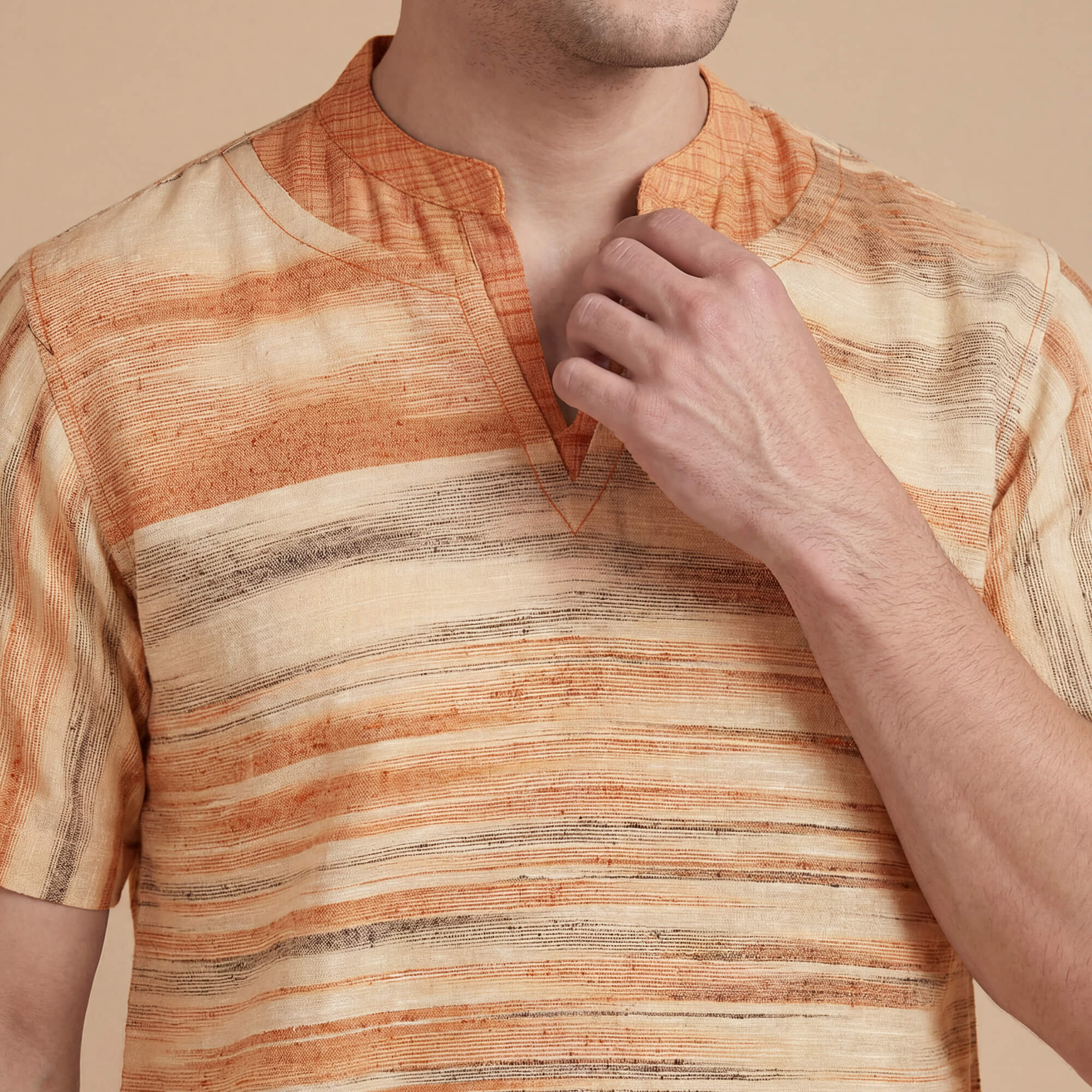 Beige & orange stripes handlooms cotton half sleeves men kurta - Image 5