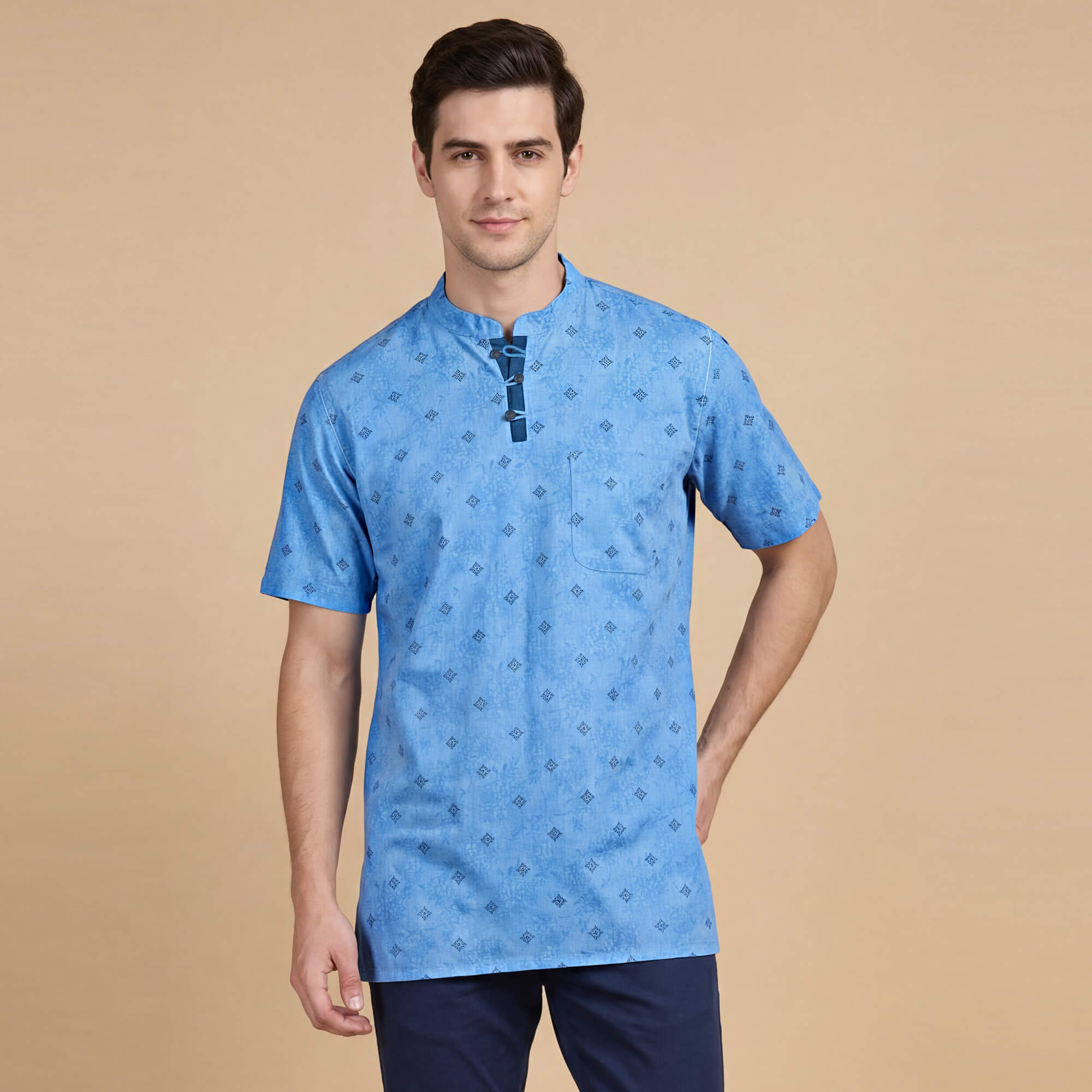 Light blue black printed cotton blended soft feel, loop buttons half sleeve men kurta
