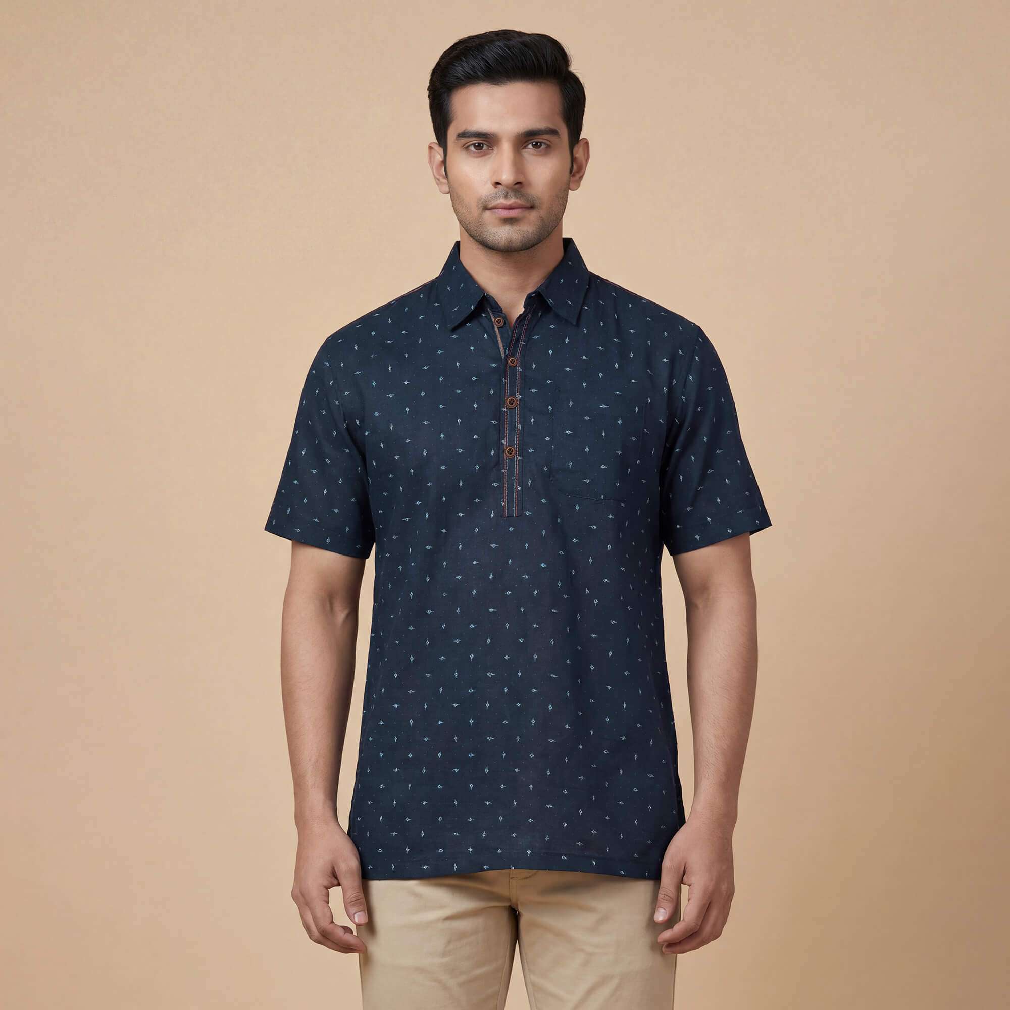 Navy blue color printed cotton half sleeves men kurta