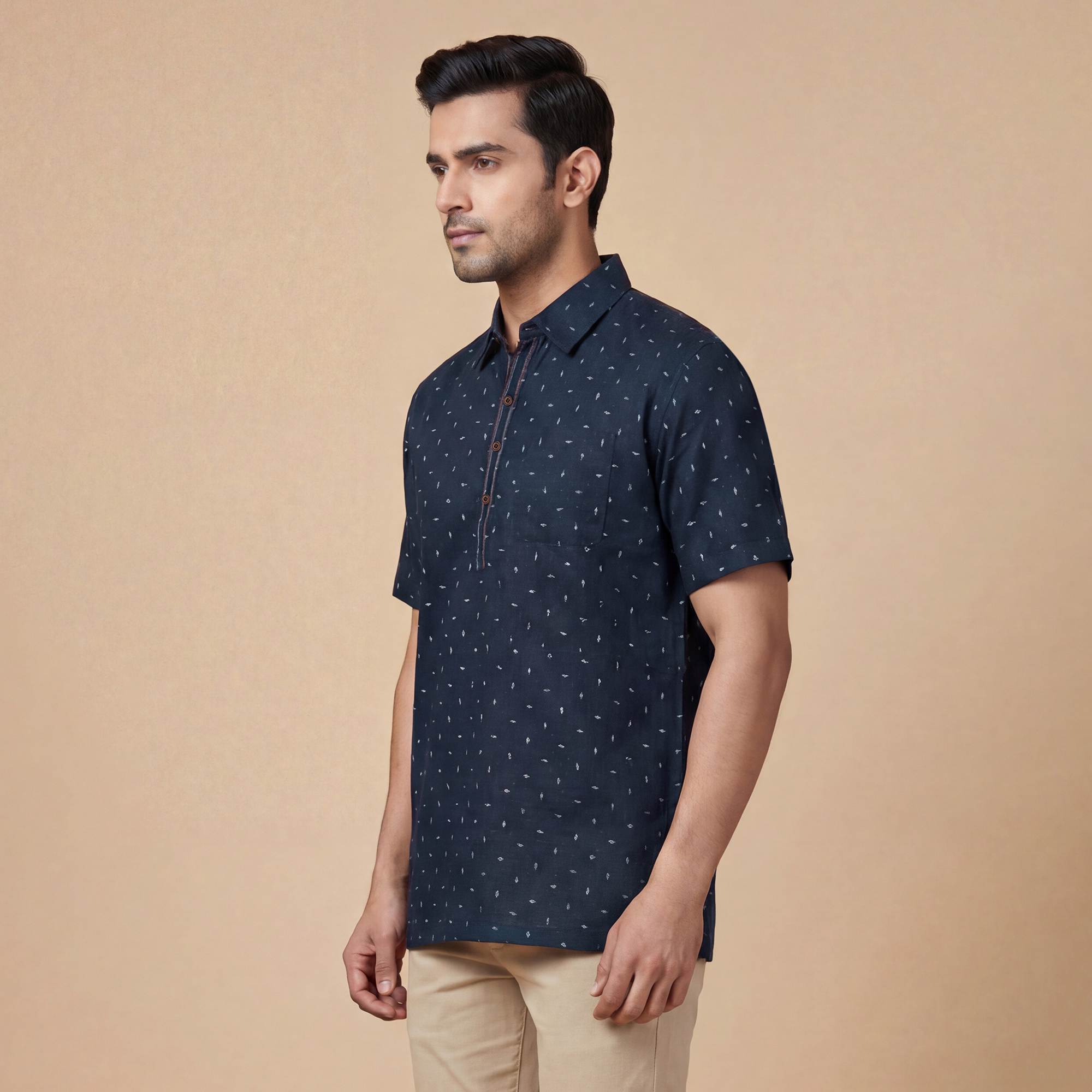 Navy blue cotton kurta with print and half sleeves.
