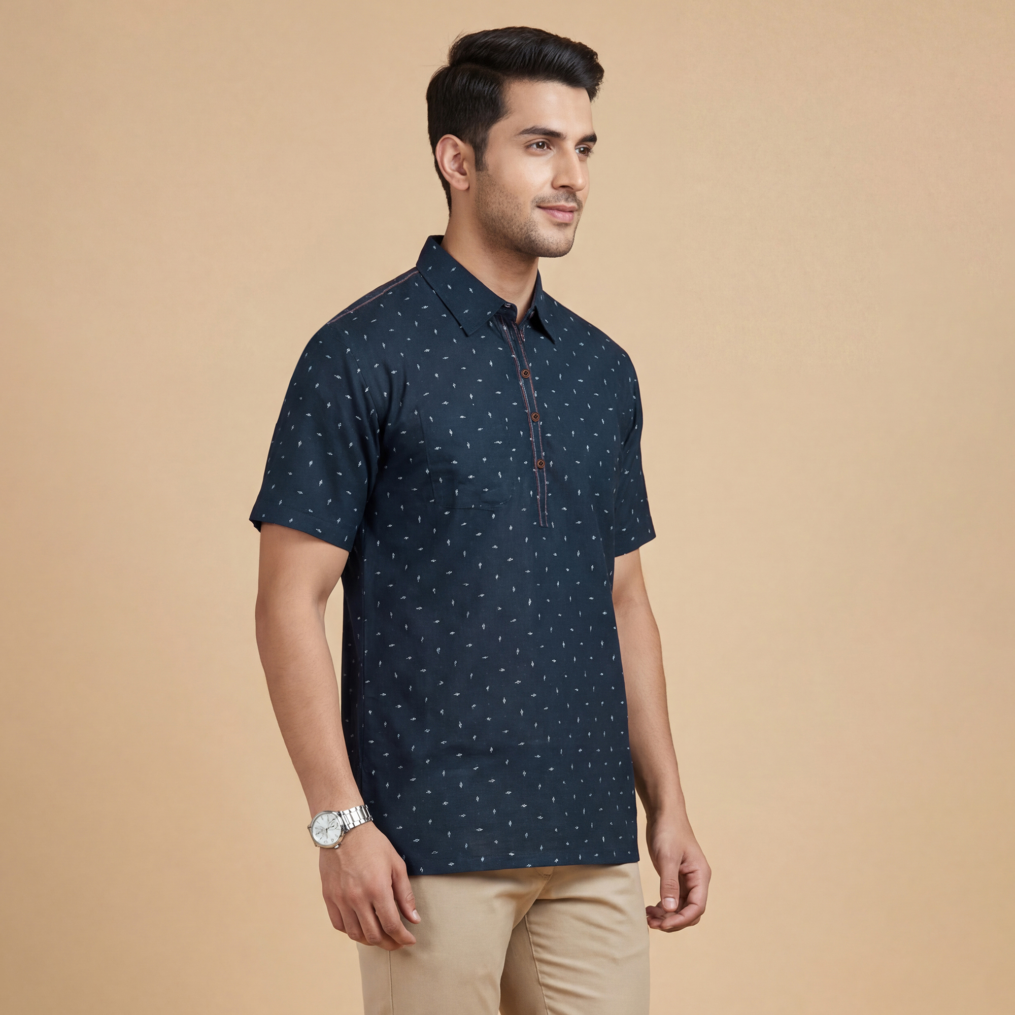 Navy blue color printed cotton half sleeves men kurta - Image 3