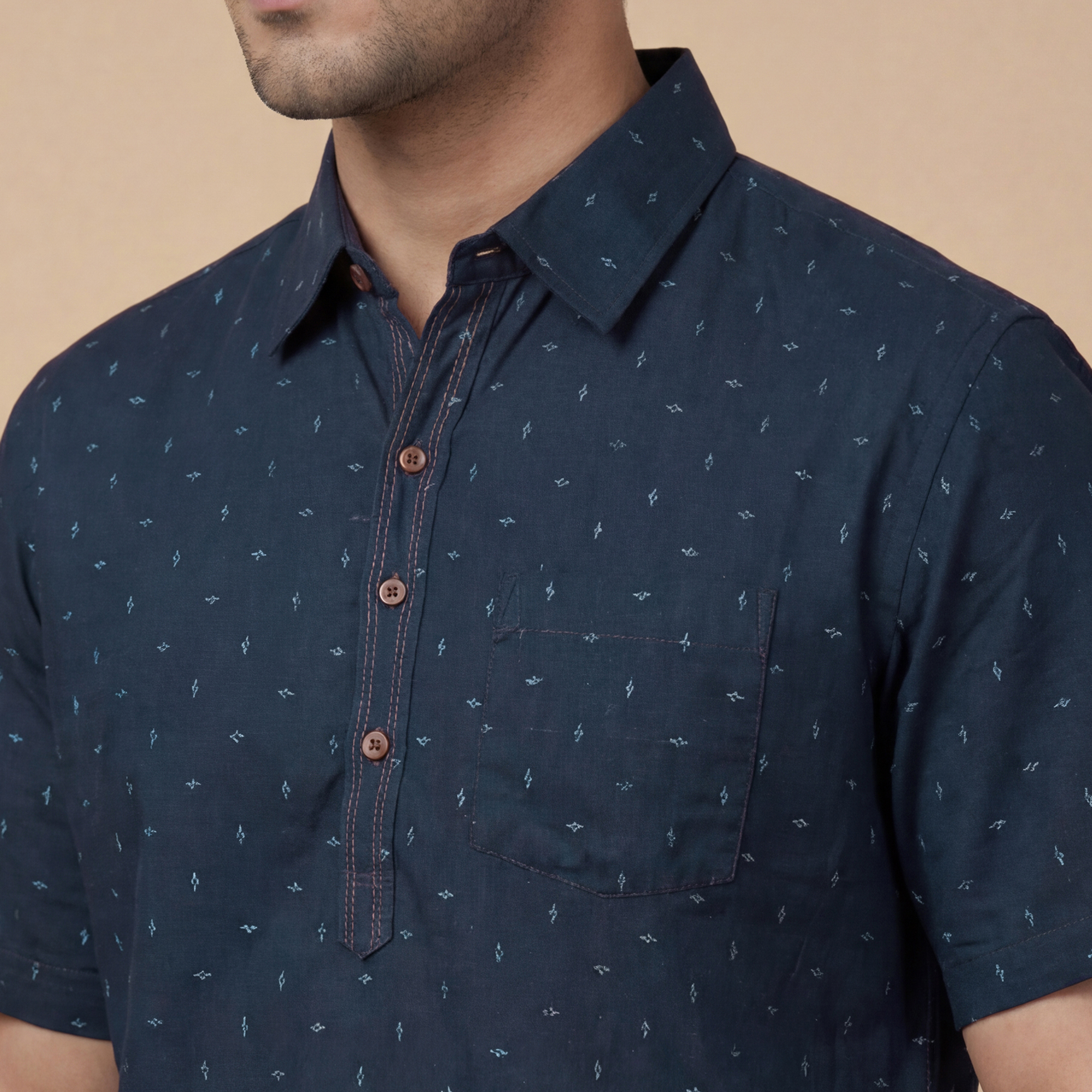 Navy blue color printed cotton half sleeves men kurta - Image 5
