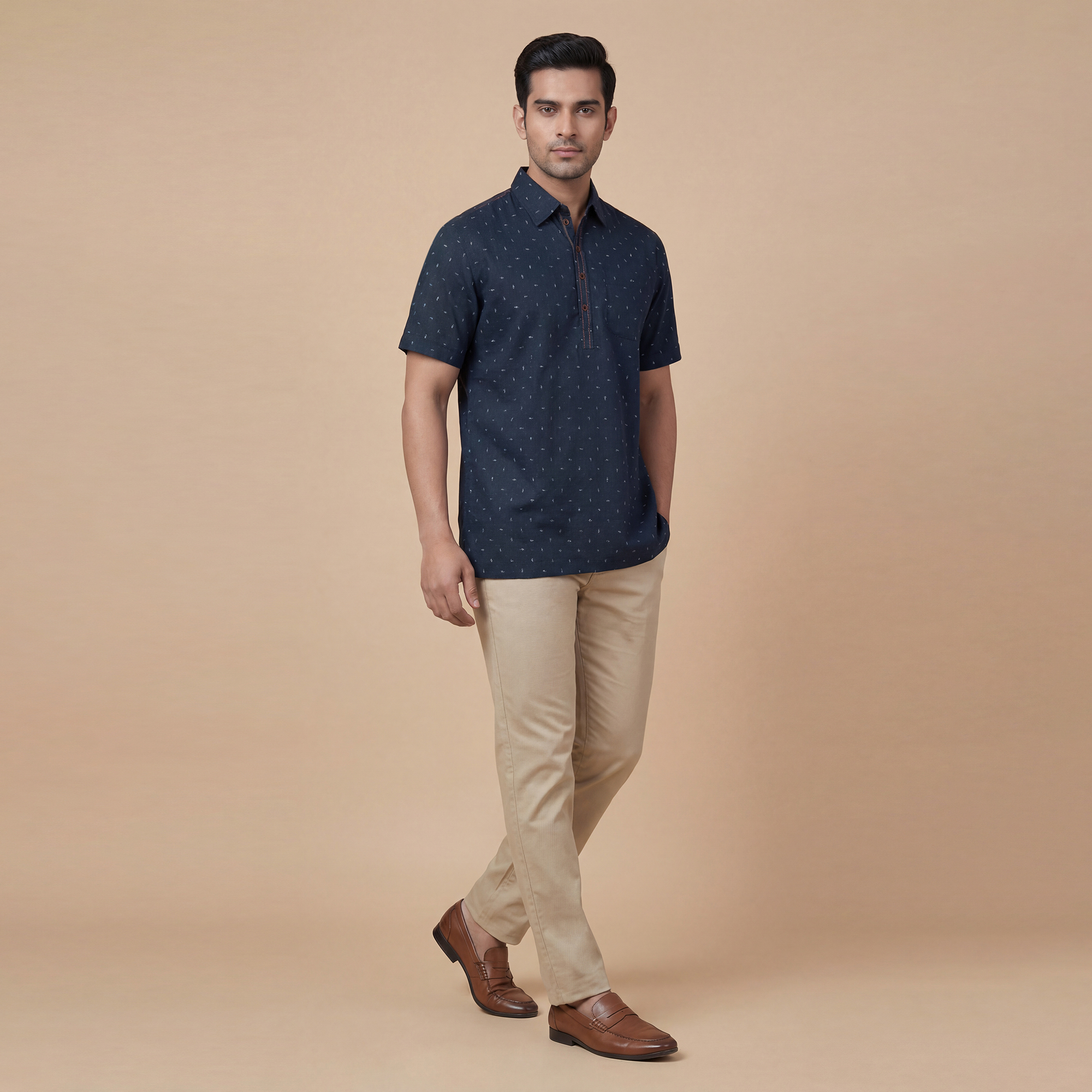 Navy blue color printed cotton half sleeves men kurta - Image 4