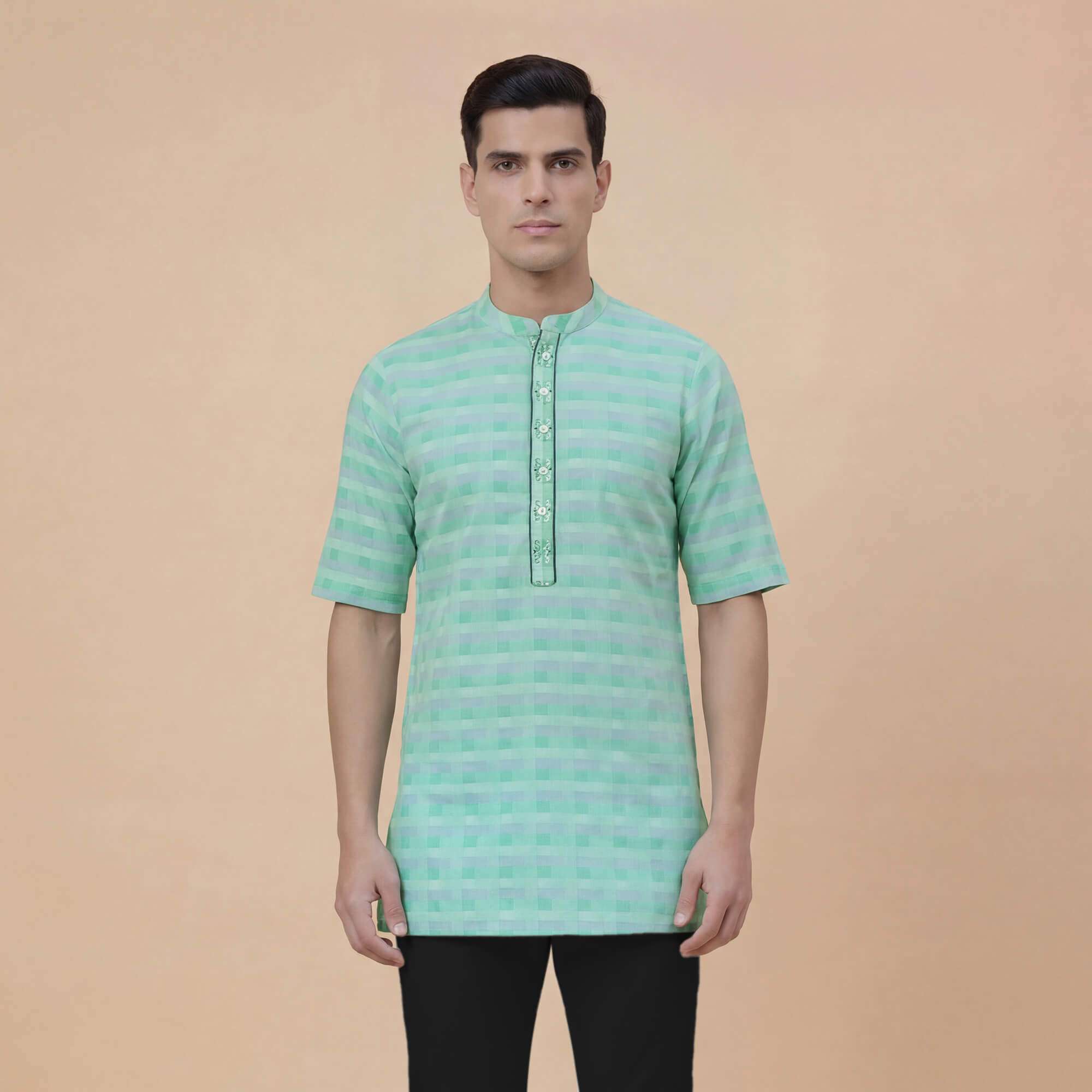 Green and white broad stripes cotton with embroidery men half sleeves kurta