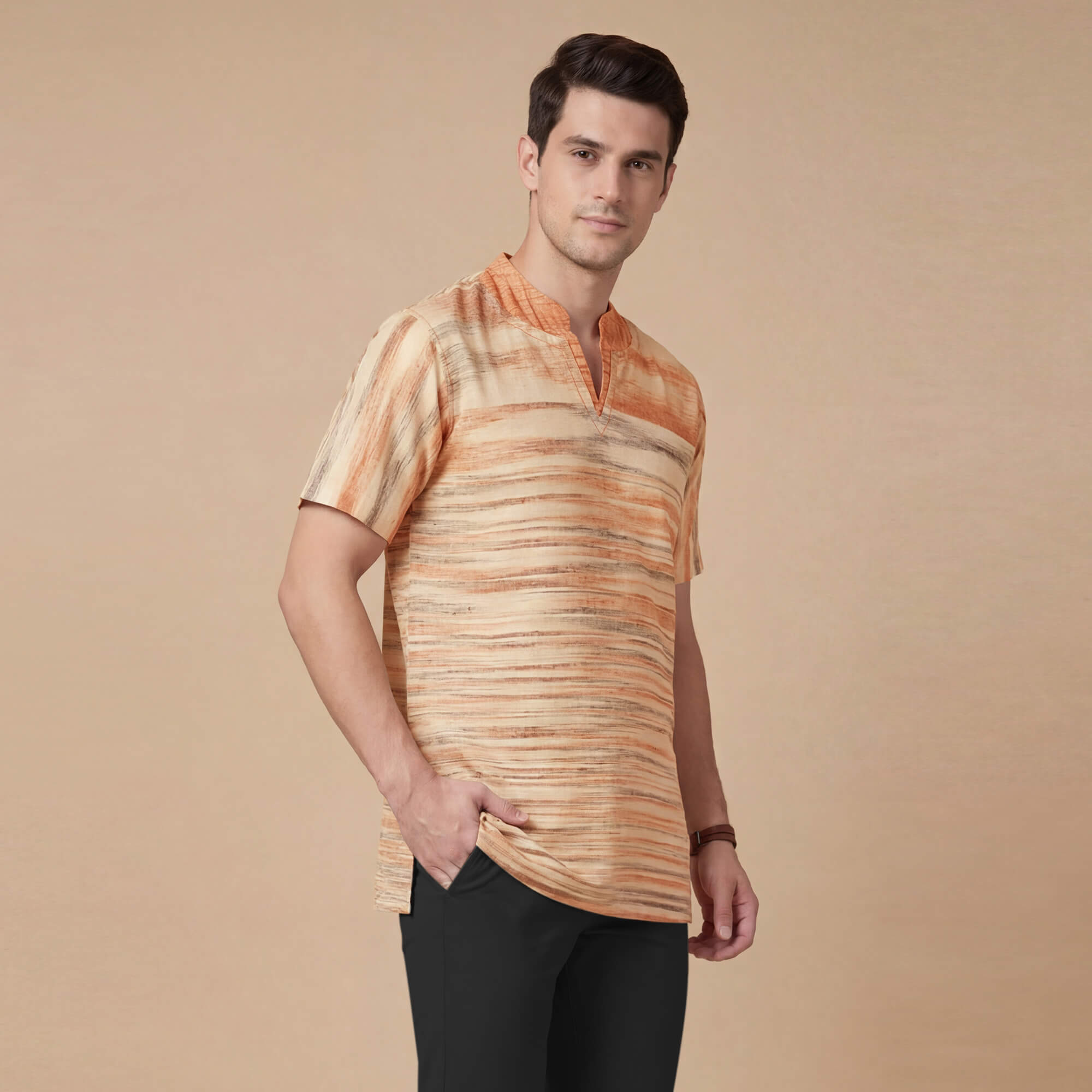 Beige & orange stripes handlooms cotton half sleeves men kurta - Image 2