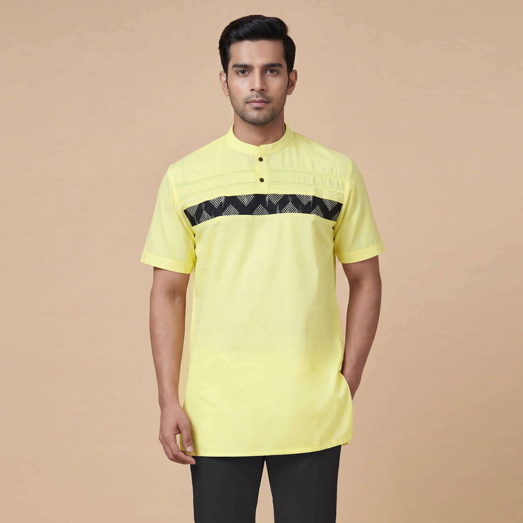 Lemon yellow cotton with black hand block printed men half sleeves kurta
