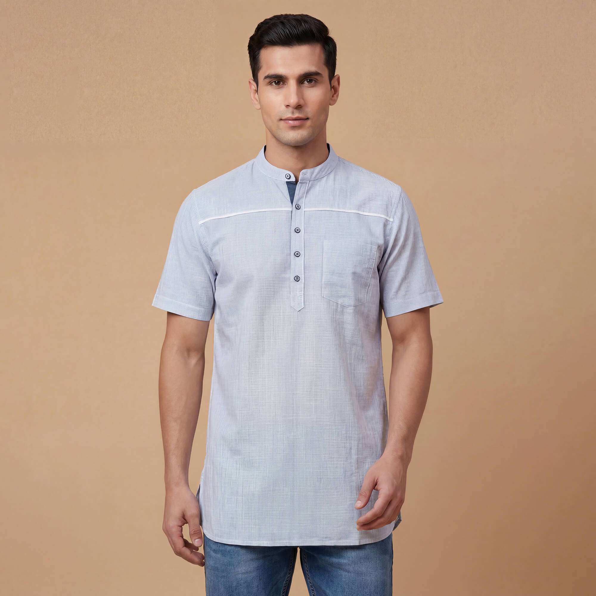 White cotton with blue stripes men half sleeves kurta