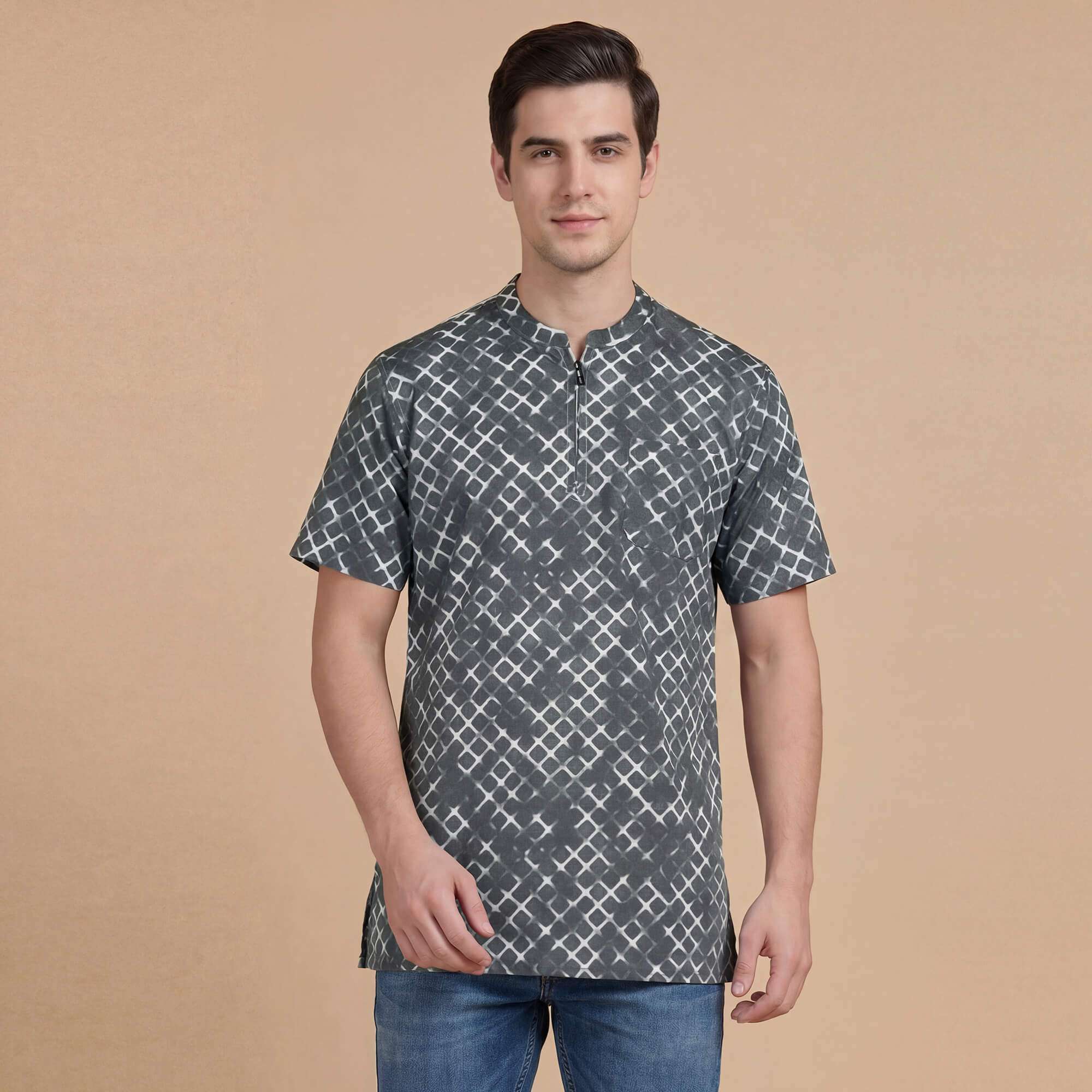 Grey white cotton checks printed zipper half sleeves men kurta