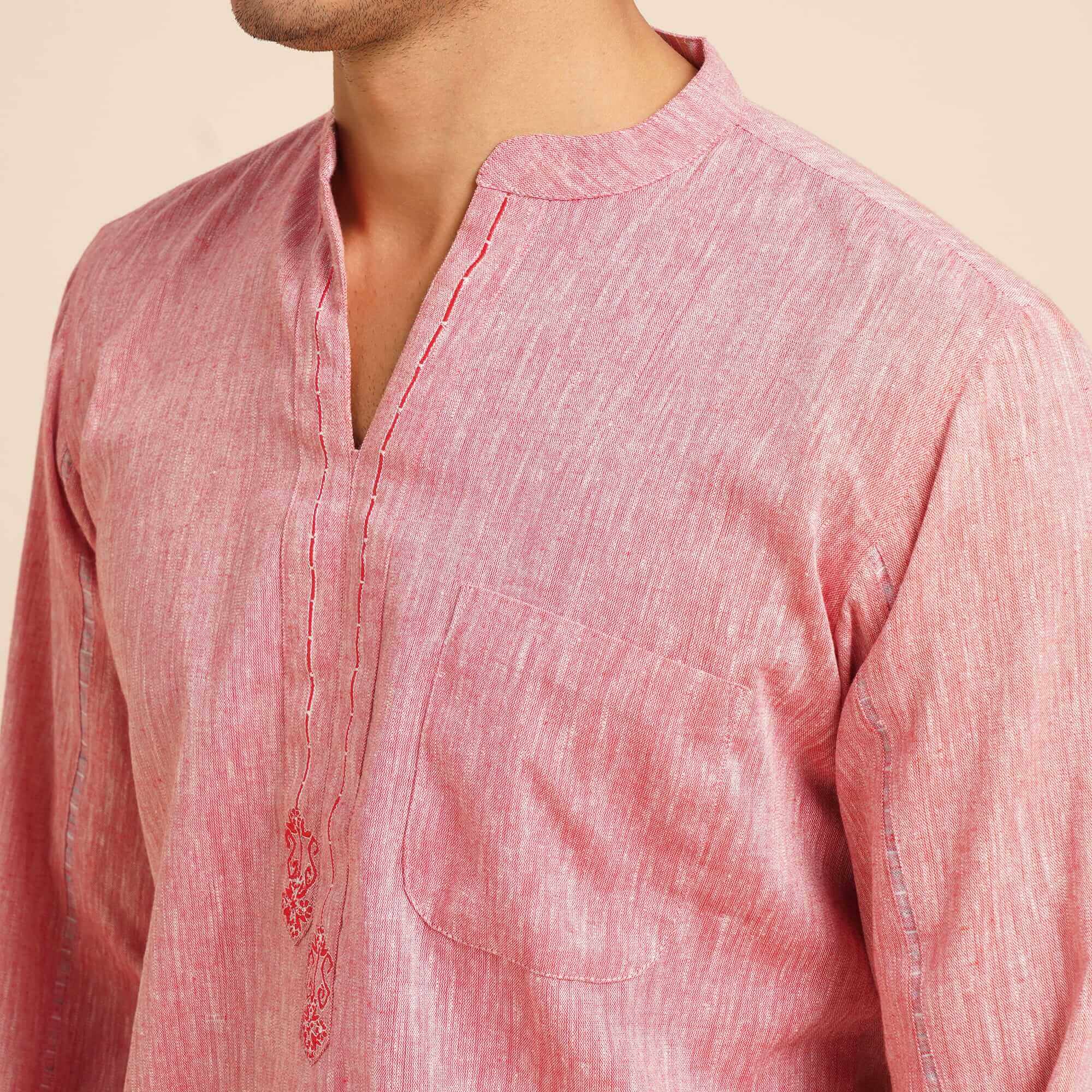 Red & white handloom plain cotton embroidery men short kurta - Image 3