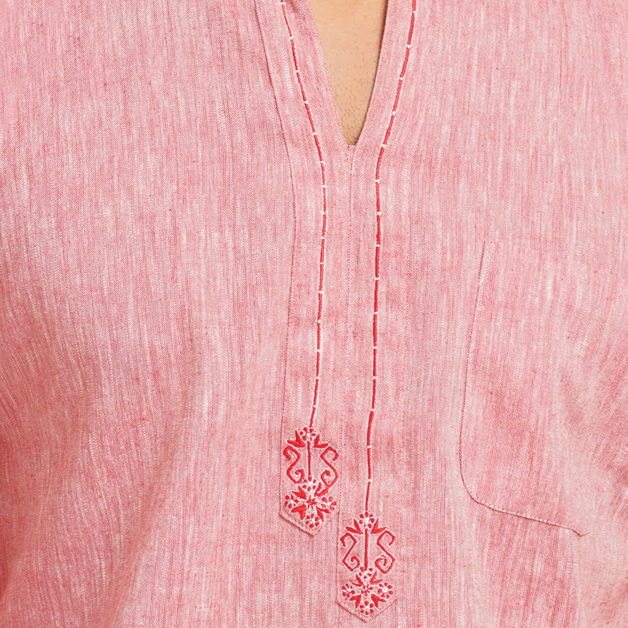 Red & white handloom plain cotton embroidery men short kurta - Image 4