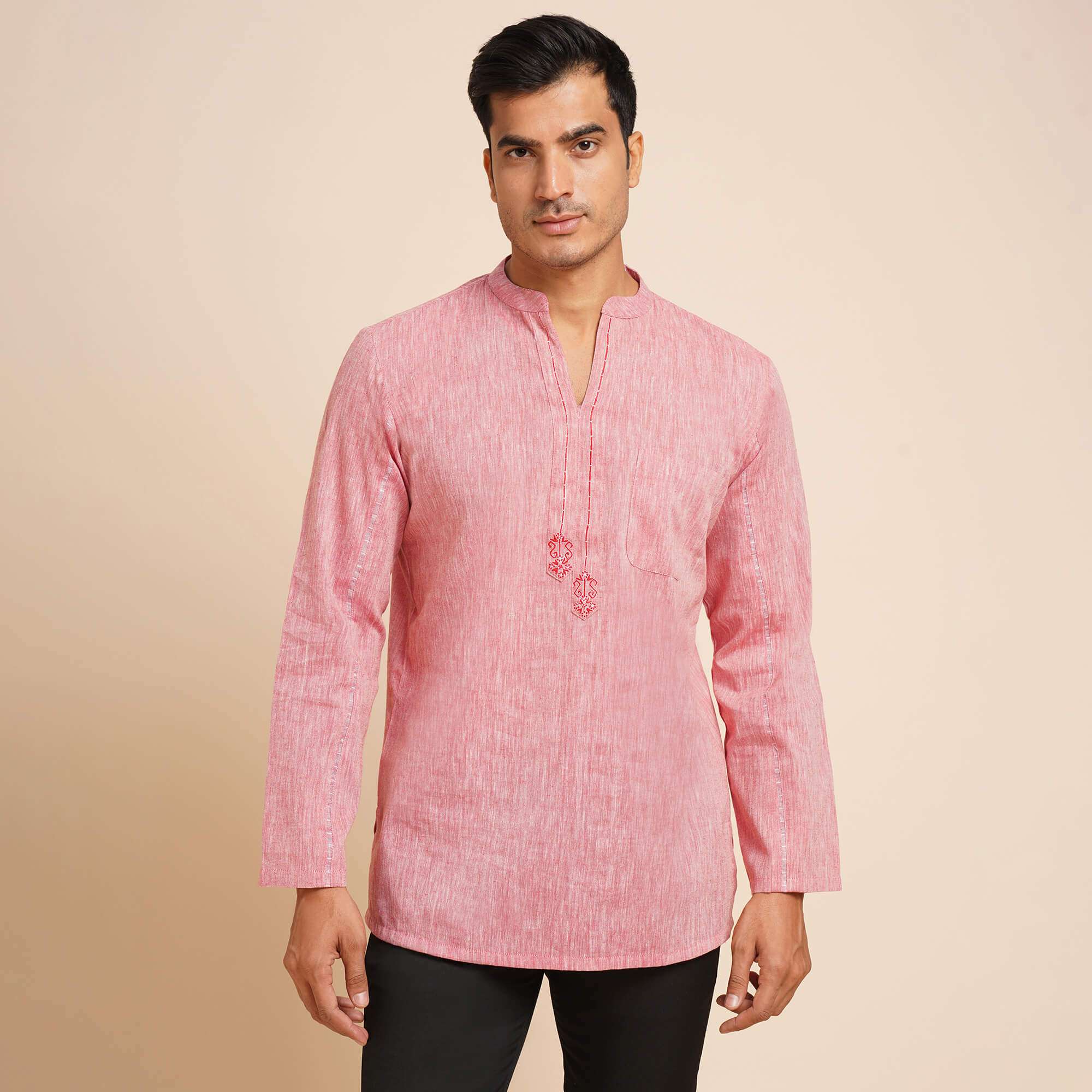 Red & white handloom plain cotton embroidery men short kurta