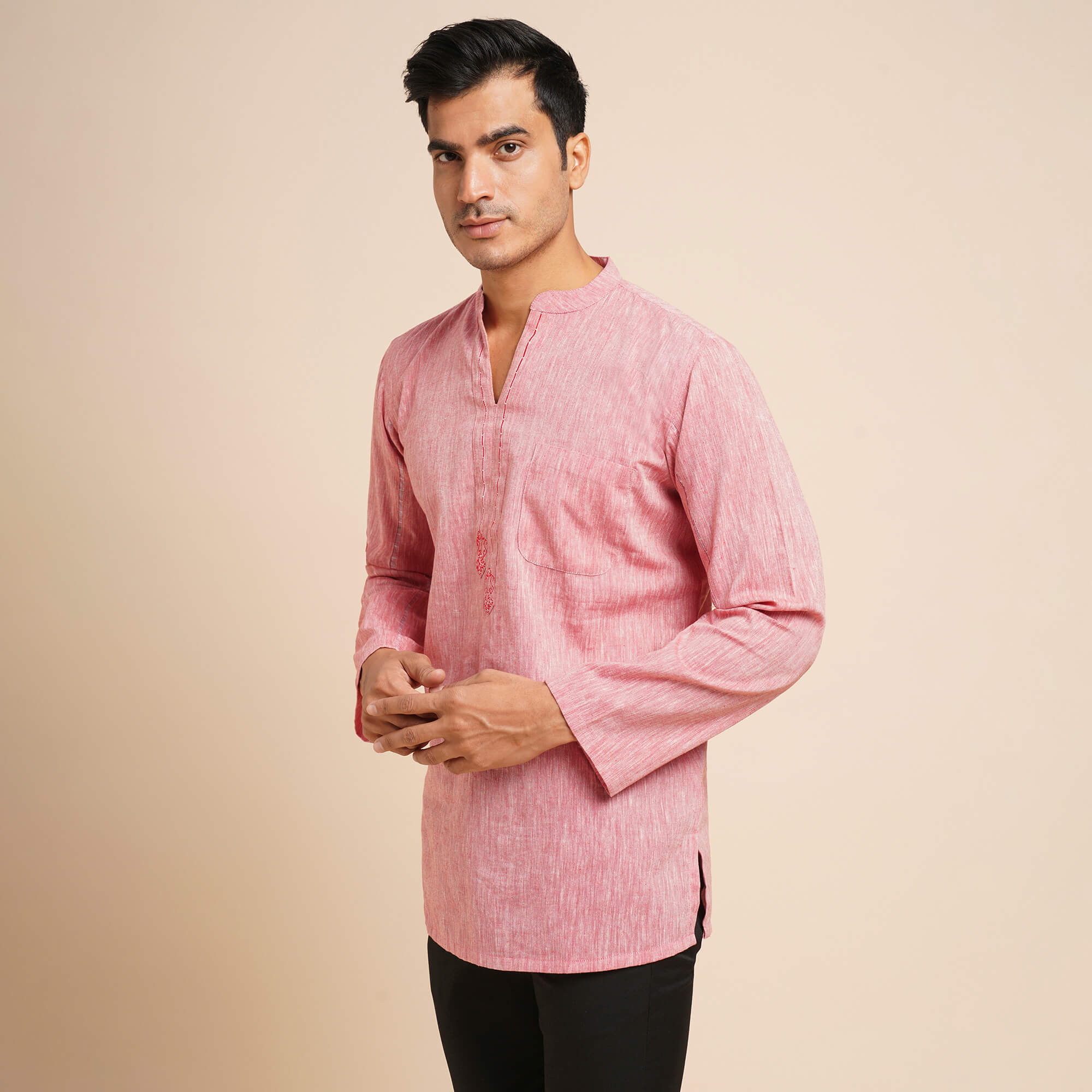 Red & white handloom plain cotton embroidery men short kurta - Image 5