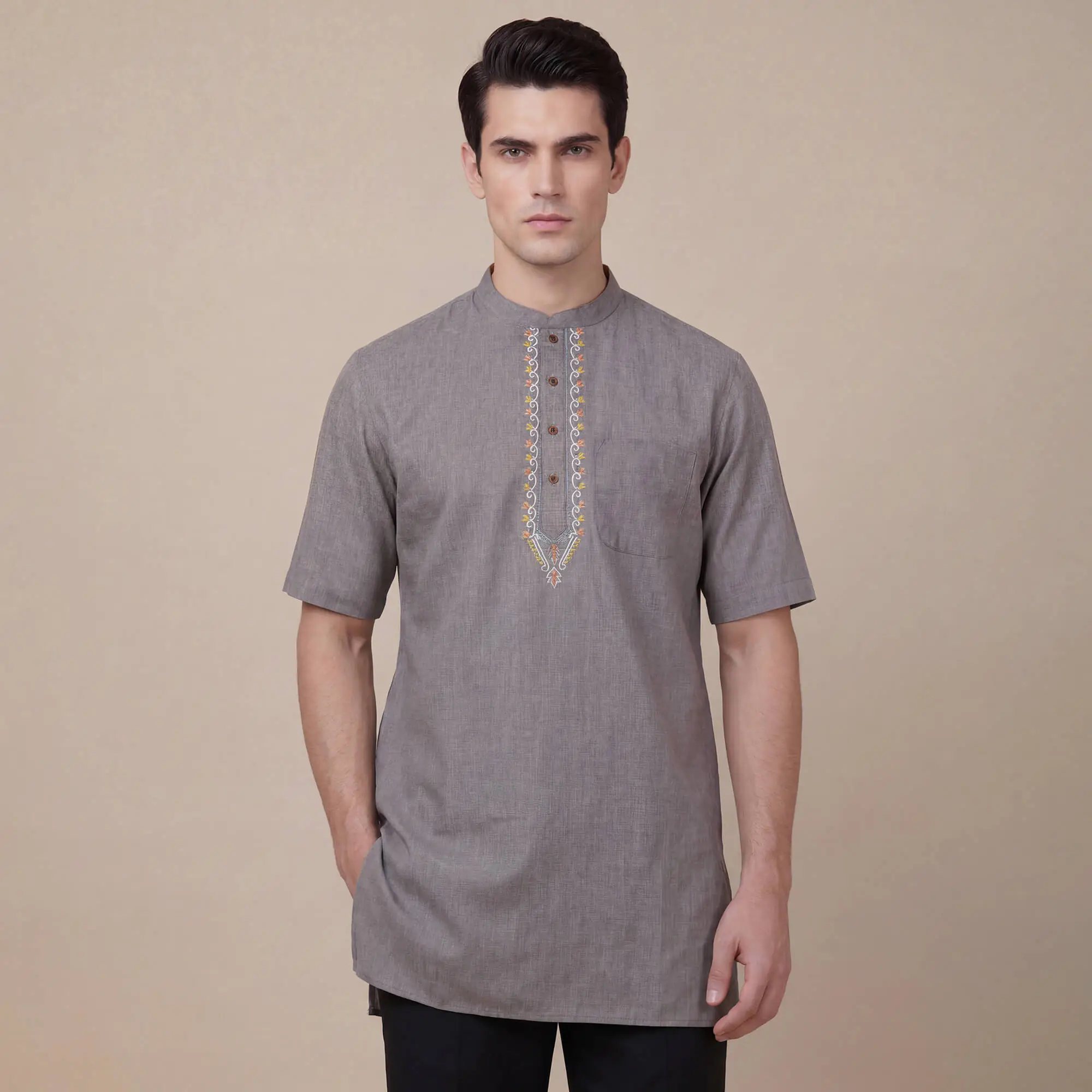 Rust soft feel embroidery men half sleeves short kurta