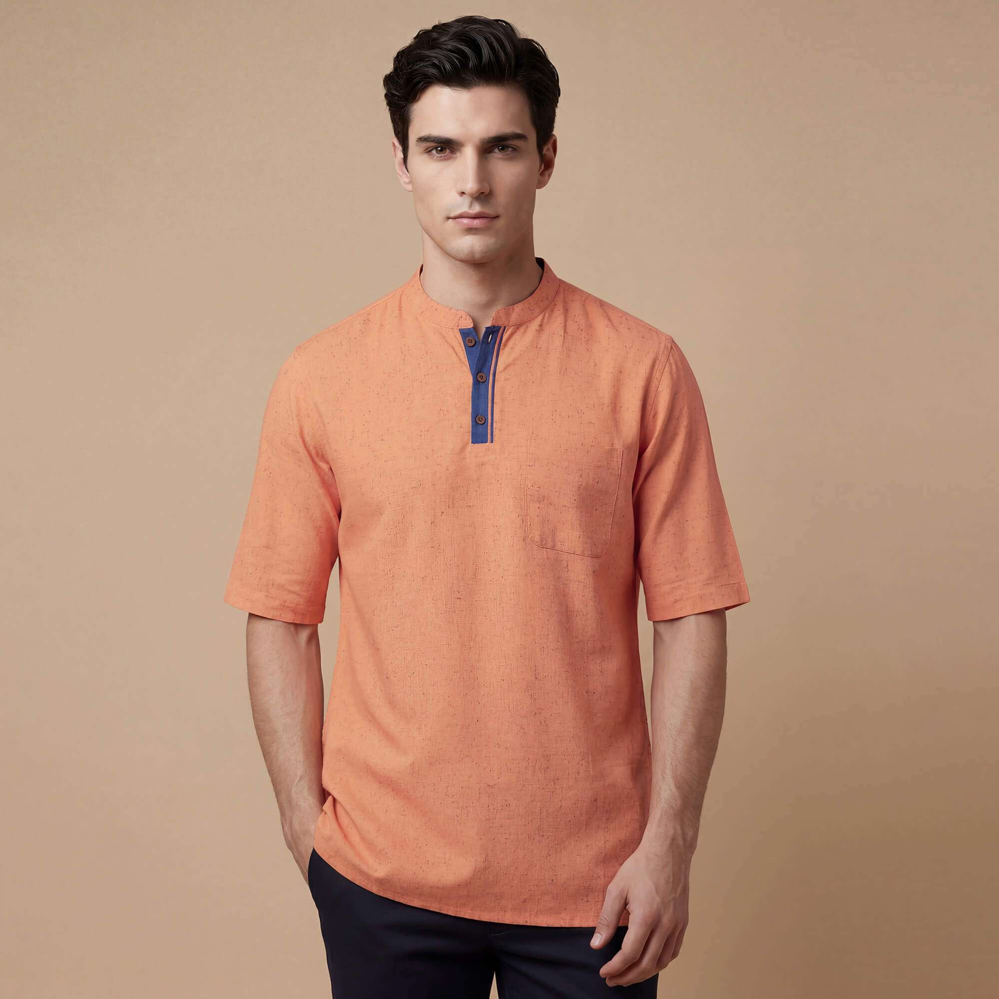 Peach color soft feel poly cot textured men half sleeve short kurta