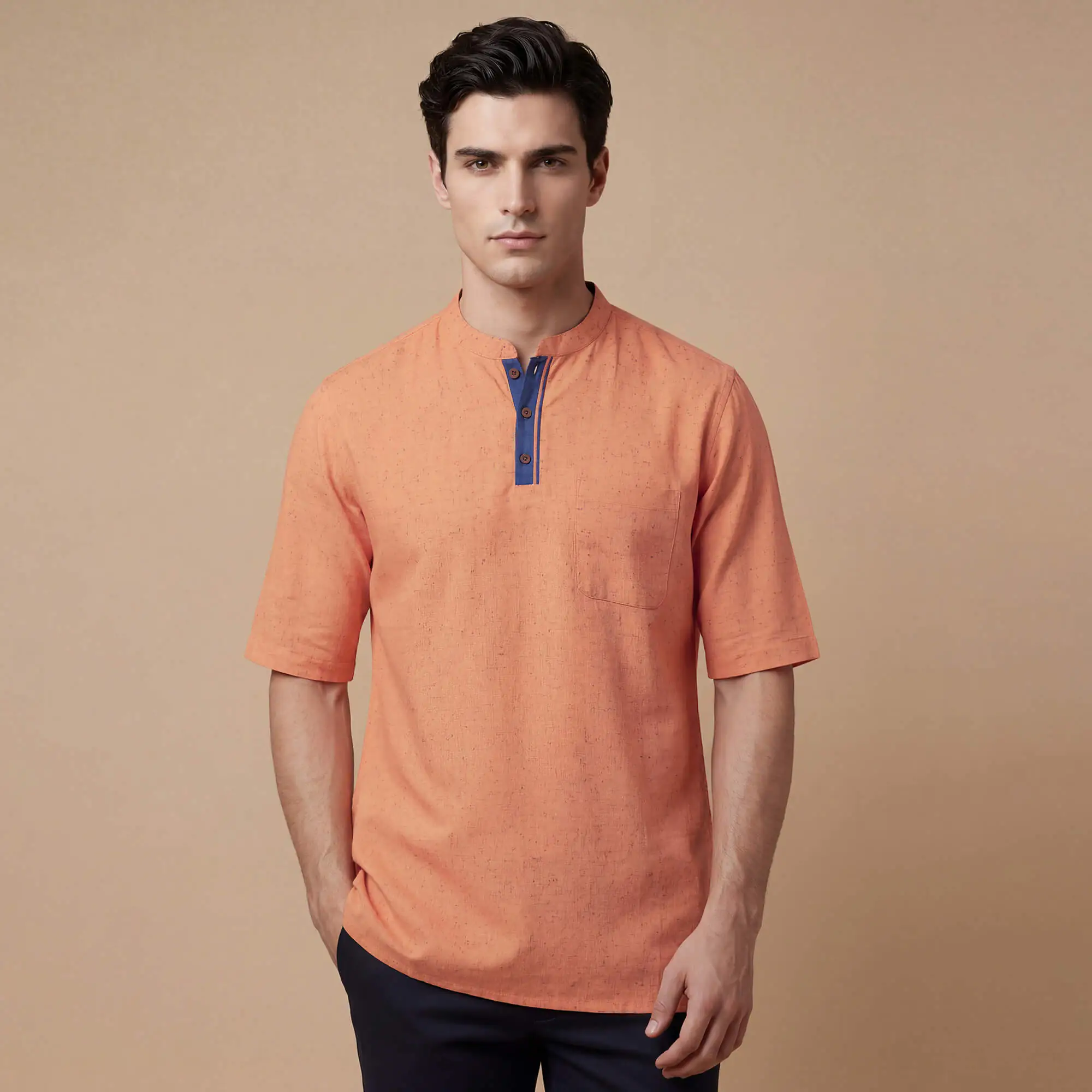 Peach color soft feel poly cot textured men half sleeve short kurta