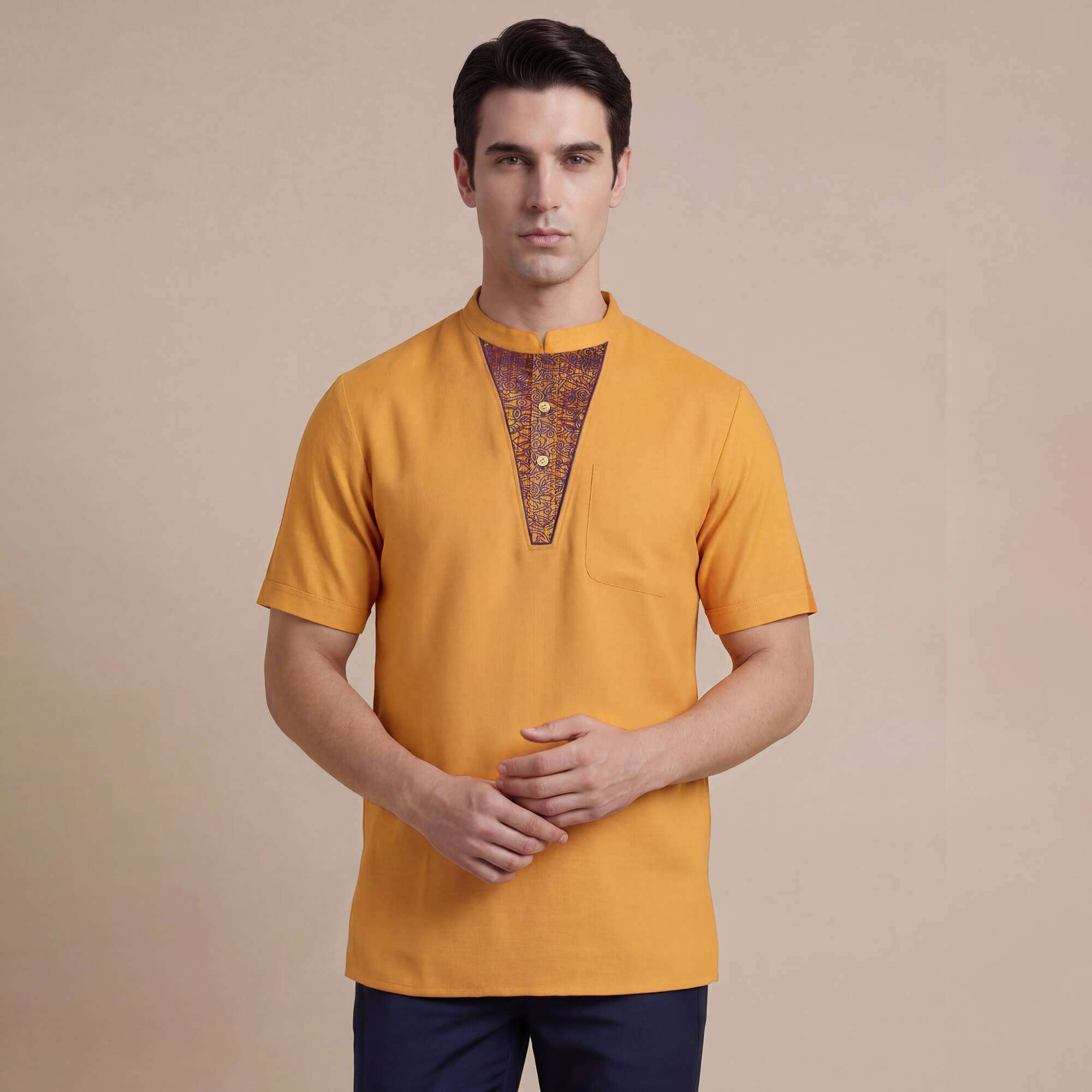 Shaffron color cotton blended soft feel weave banarsi yoke men short sleeves kurta