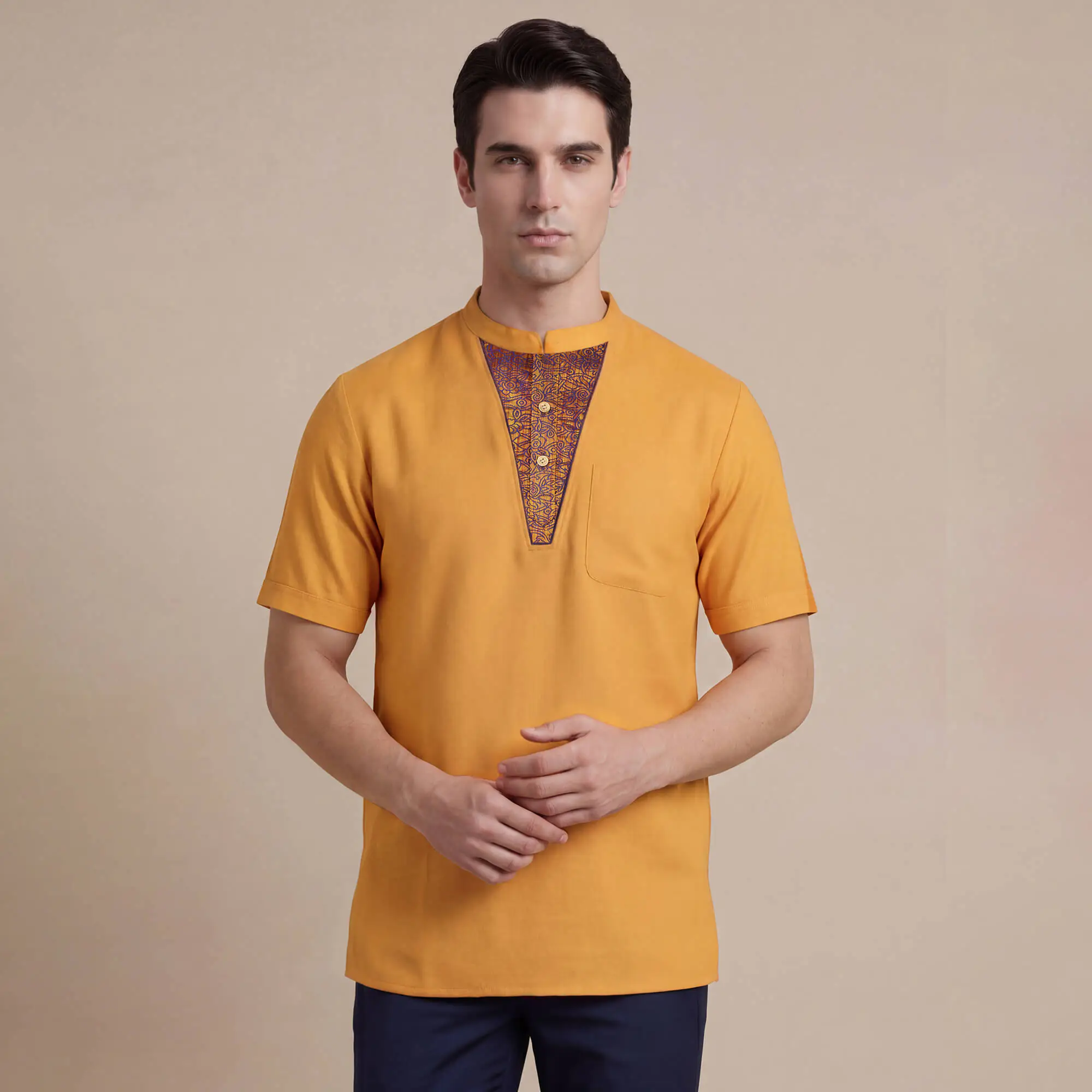 Shaffron color cotton blended soft feel weave banarsi yoke men short sleeves kurta