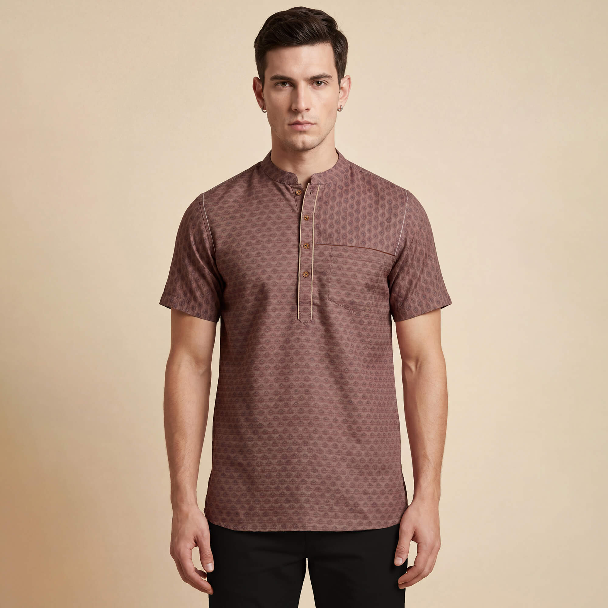 Brown Jacquard Printed Men’s Half Sleeve Short Kurta