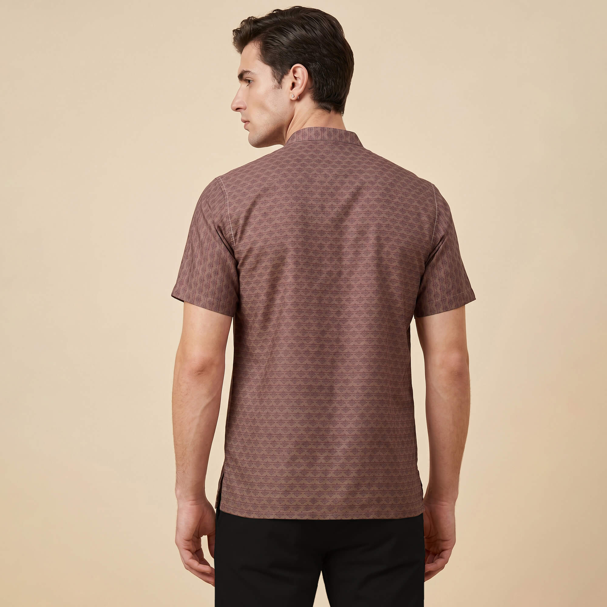 Brown jucquard printed cotton blended men half sleeves short kurta - Image 2