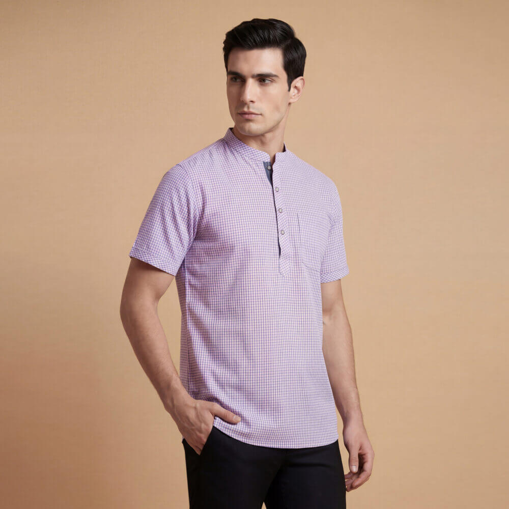 Pink with blue small checks cotton blended men half sleeves short kurta - Image 3