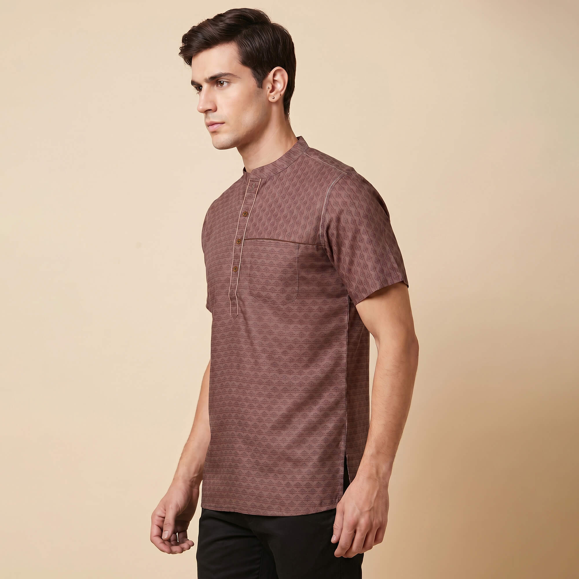 Brown jucquard printed cotton blended men half sleeves short kurta - Image 3
