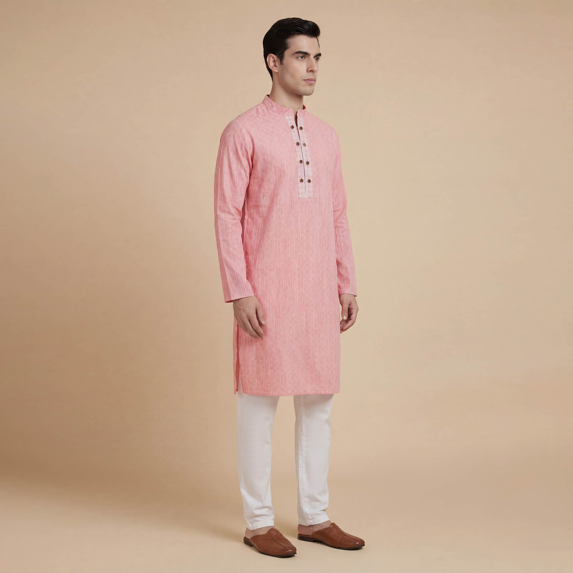 Pink dobby weave cotton men long kurta - Image 3