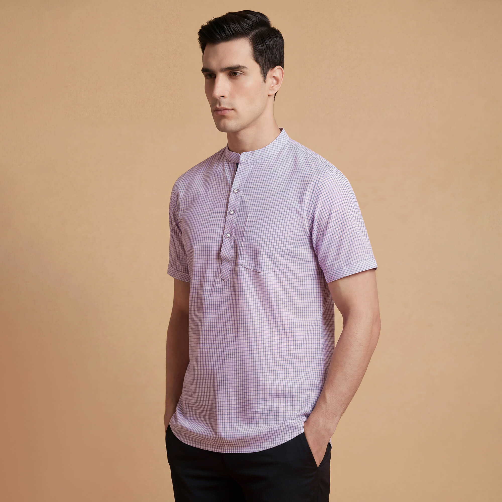 Pink with blue small checks cotton blended men half sleeves short kurta - Image 4