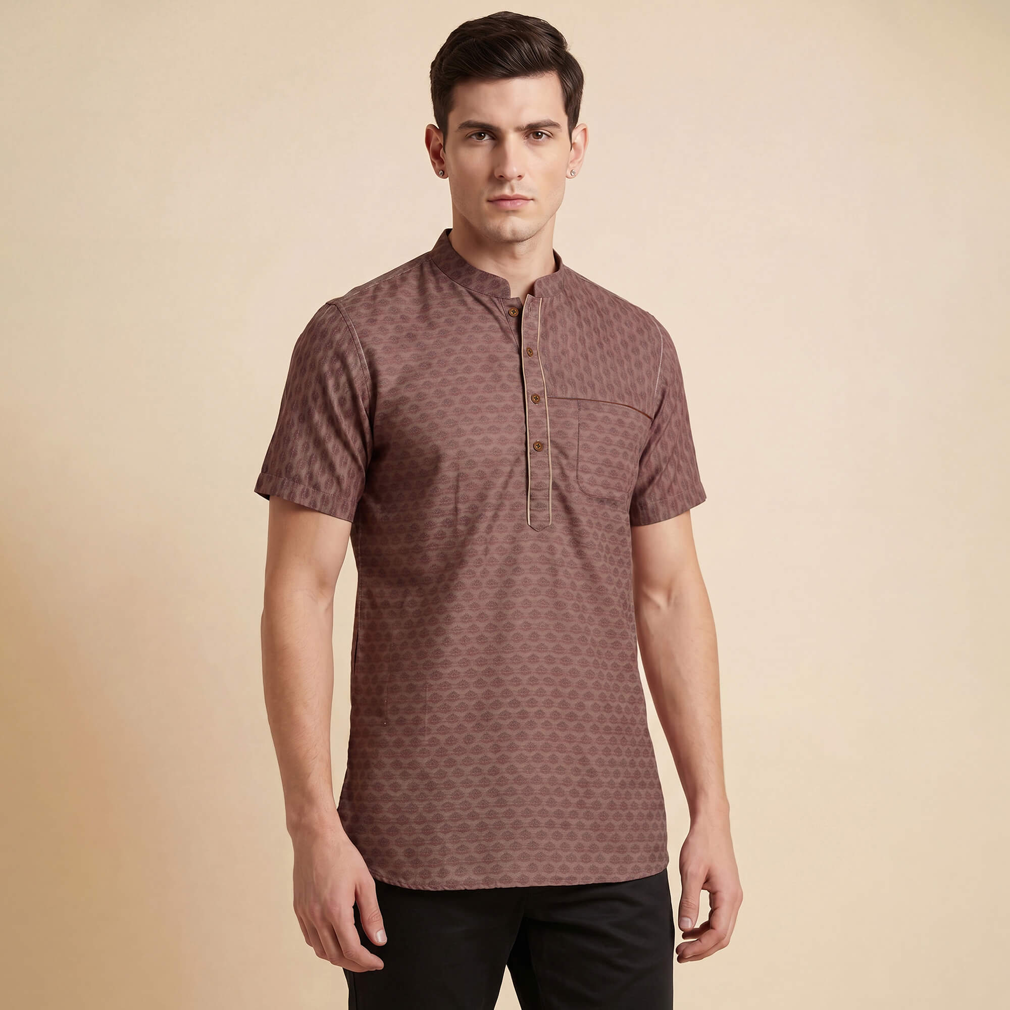 Brown jucquard printed cotton blended men half sleeves short kurta - Image 4