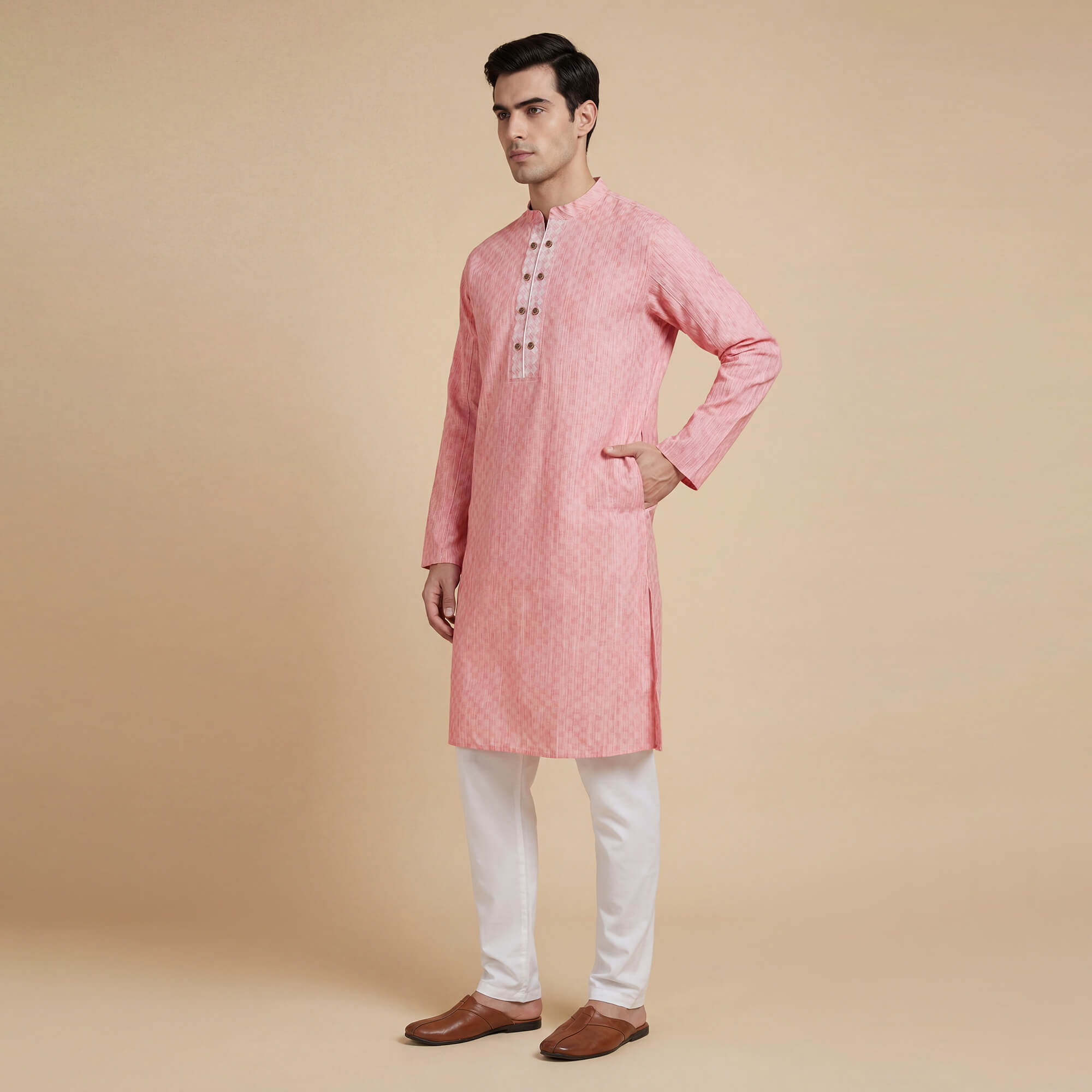 Pink dobby weave cotton men long kurta - Image 4